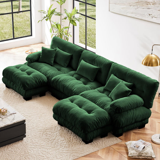 KEIKI 133" Sectional Sofa with Removable Ottomans, 5 Seat U Shaped Sleeper Cloud Couch Set, Comfy Chenille Upholstered Modular SofaBed for Apartment Living Room, Throw Pillows, Dark Green