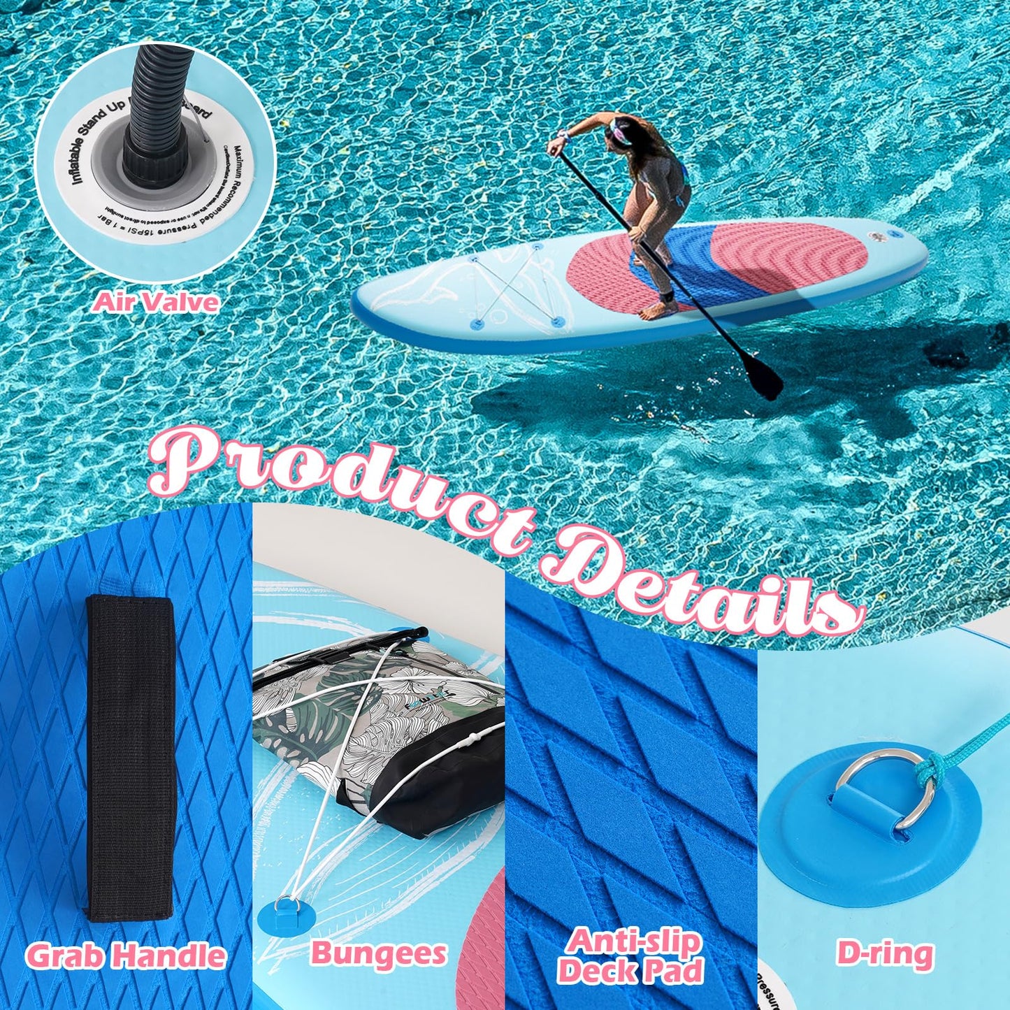 DAKUWAR Paddle Board 10'6''x33''x6'' Inflatable Stand Up Paddle Boards with SUP Accessories Ultra-Light Paddleboard Non-Slip Comfort Deck for Adults & Youth of All Skill Levels (Blue and Pink)