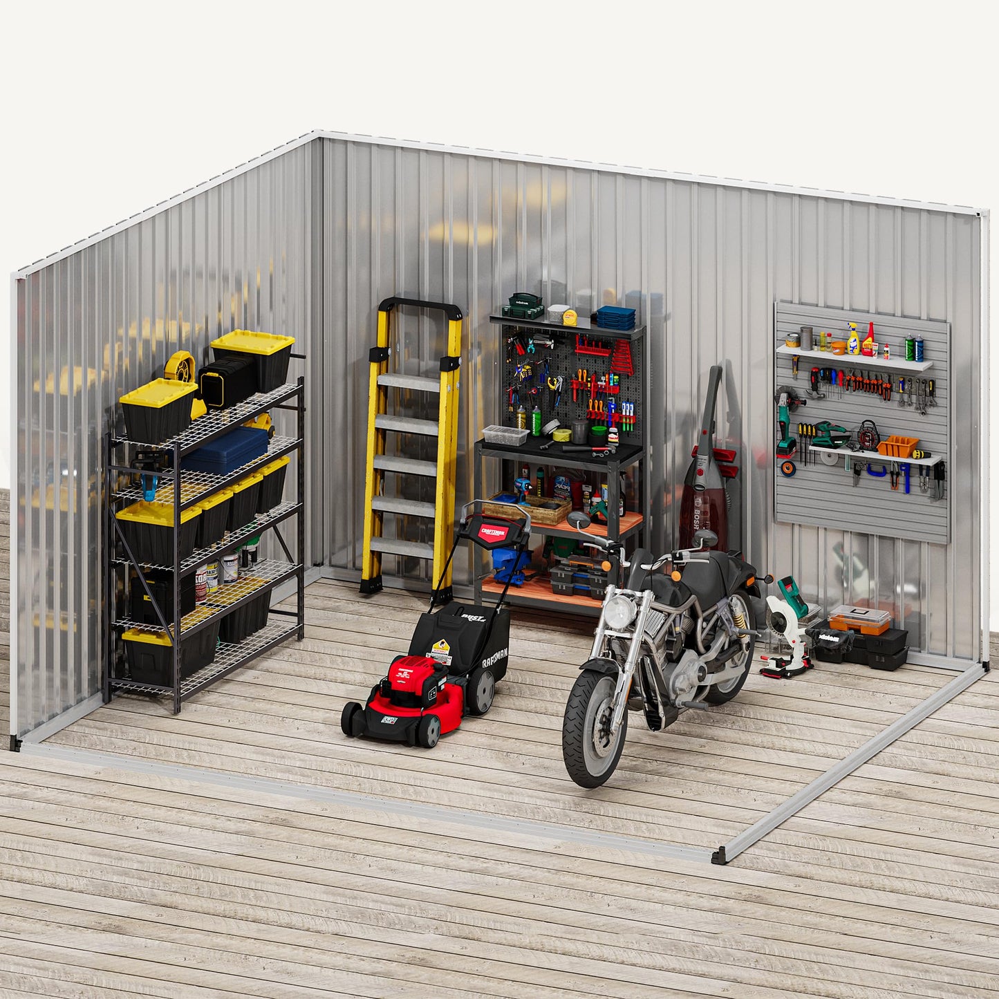DWVO 10' x 8' Outdoor Storage Shed, Waterproof Metal Garden Shed with Windows, Lockable Doors, and Sloped Roof for Patio, Backyard, Lawn, Tool Storage, Bike Shed, Pet Shelter (Gray + White)