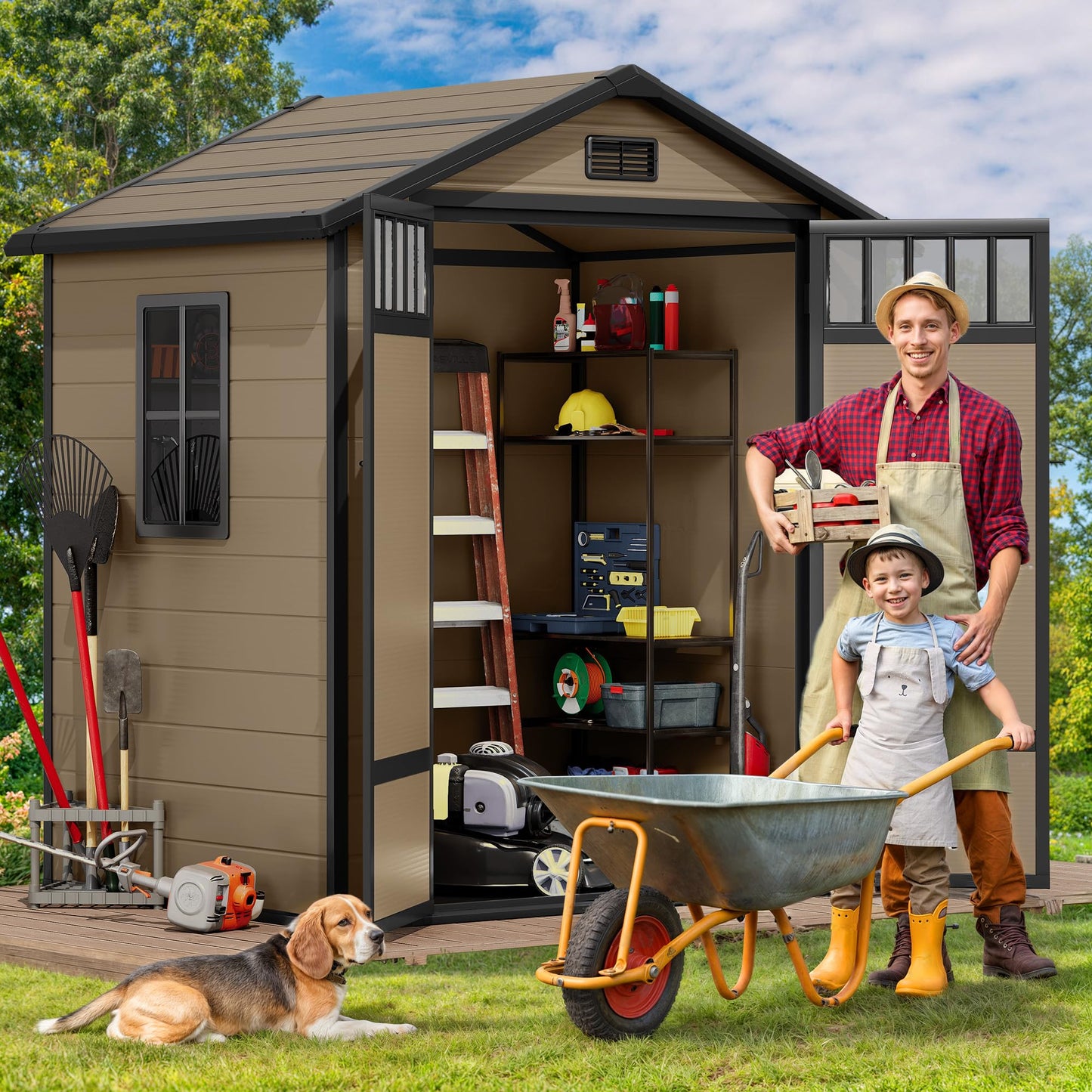 DWVO Outdoor Storage Shed, All-Weather Resin Plastic Storage Shed with Windows, Slanted Roof, Raised Floor, Capacity for Garden Tools/Equipment, Ideal for Backyard Garden