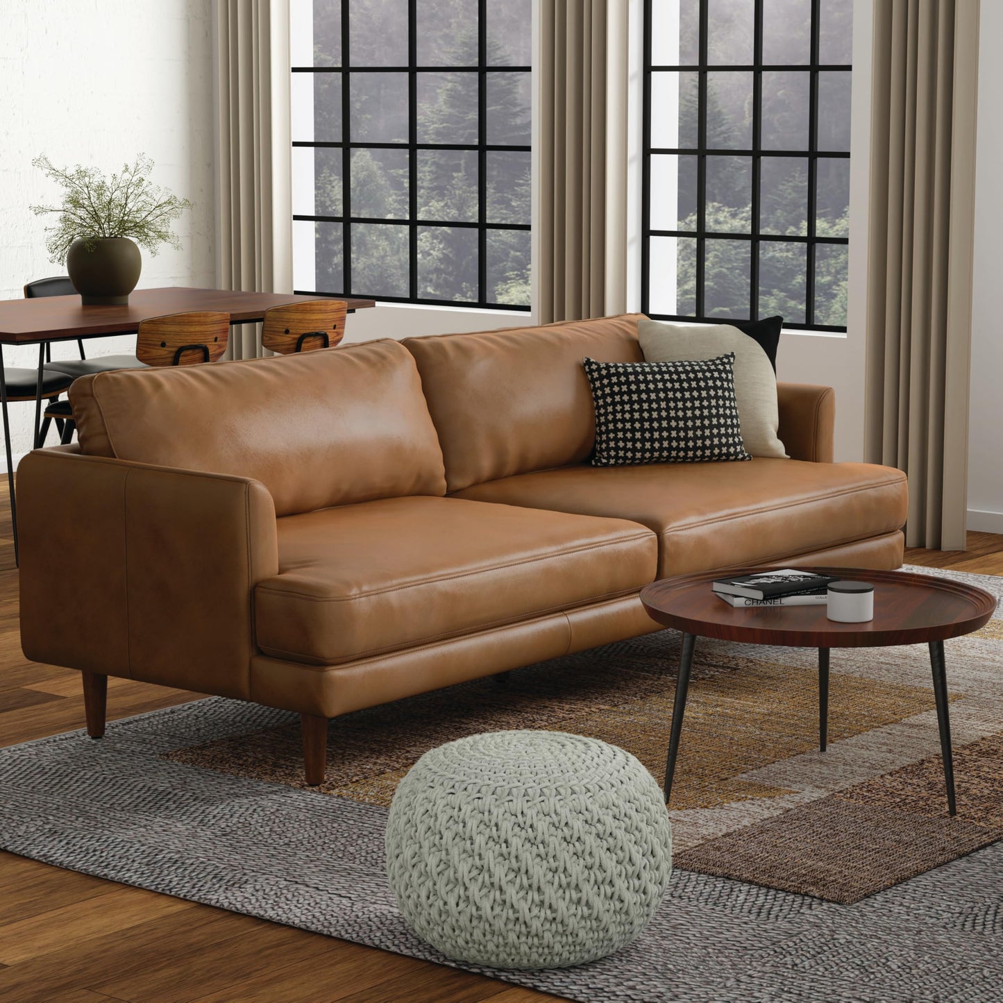 SIMPLIHOME Livingston Sofa - 90 inch Wide Top Grain Genuine Leather Sofa in Caramel Brown, Mid-Century Modern 3-Seater Couch for Living Room with Feather-Wrapped Cushions and Solid Wood Frame