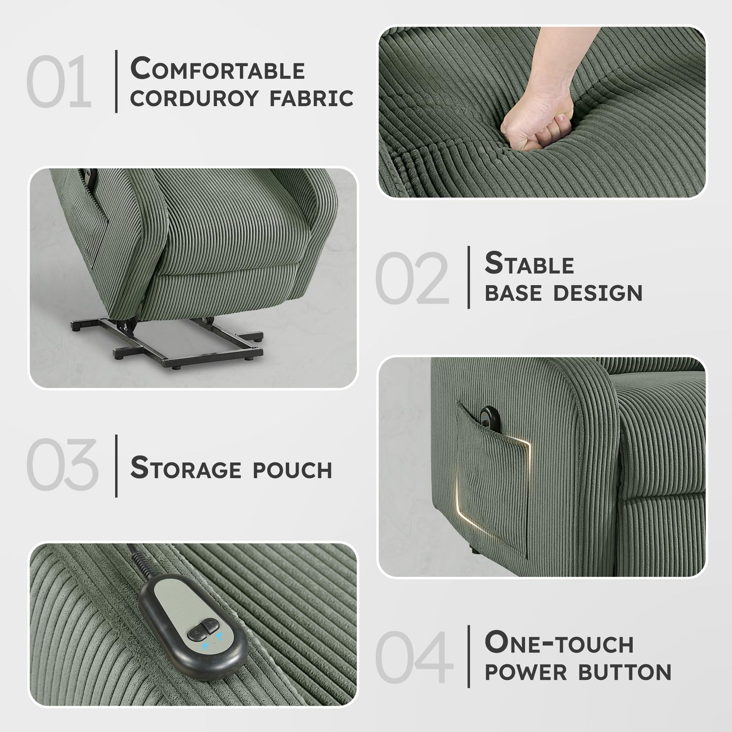 Lexicon Power Lift Recliner Chair for Elderly with Remote Control, Gentle Lift Motion, Side Pocket Armrest, Corduroy Upholstered Electric Recliner for Living Room/Bedroom, Easy Assembly, Green
