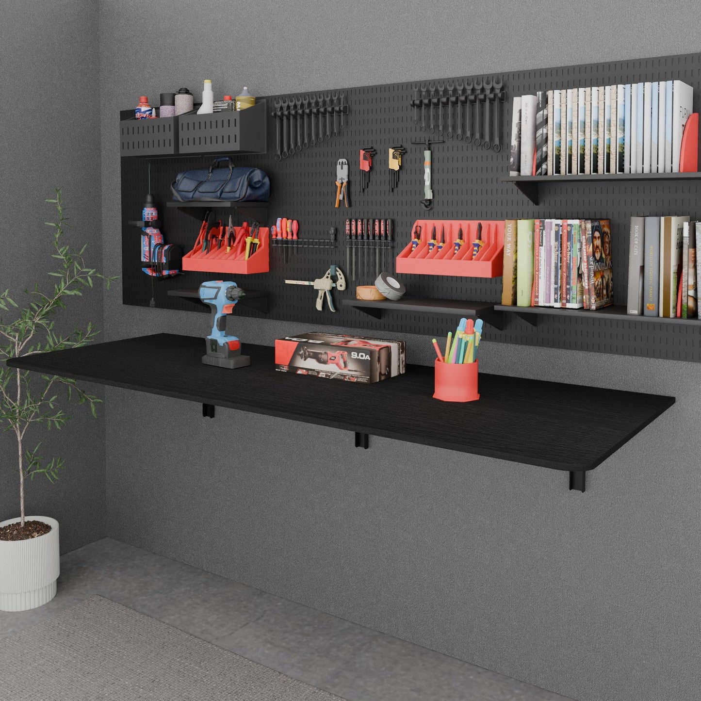 IAE 60" x 22" Floating Foldable Desk,Wall-Mounted Folding Computer Table with Engineered Wood,Study Table with Shelf Brackets,Fold Down Shelf,Fold Computer Desk for Small Apartment,Holds 500 lb,Black