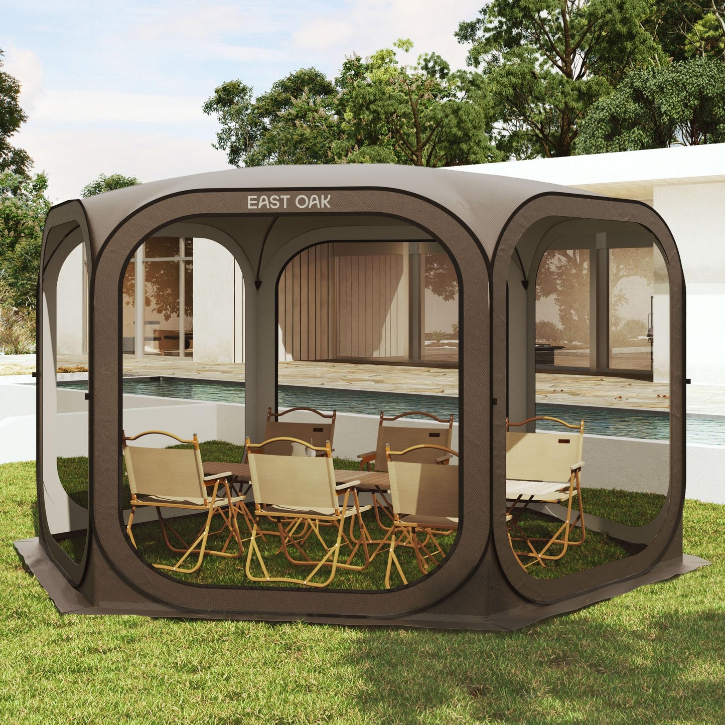 East Oak Screen House Tent Pop-Up, Portable Screen Room Canopy Instant Screen Tent 12 x 12 FT with Carry Bag for Patio, Backyard, Deck & Outdoor Activities, Brown