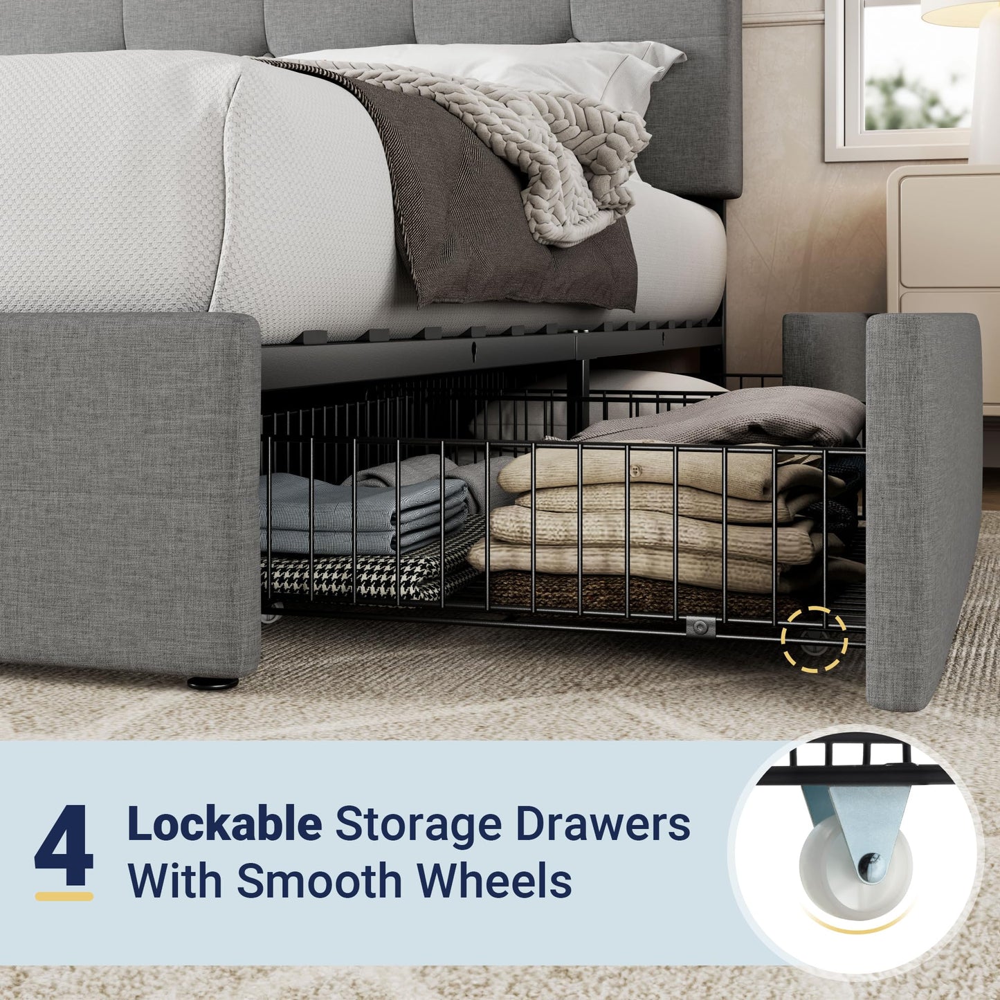 Allewie Upholstered Full Size Platform Bed Frame with 4 Storage Drawers and Headboard, Square Stitched Button Tufted, Mattress Foundation with Wooden Slats Support, No Box Spring Needed, Light Grey