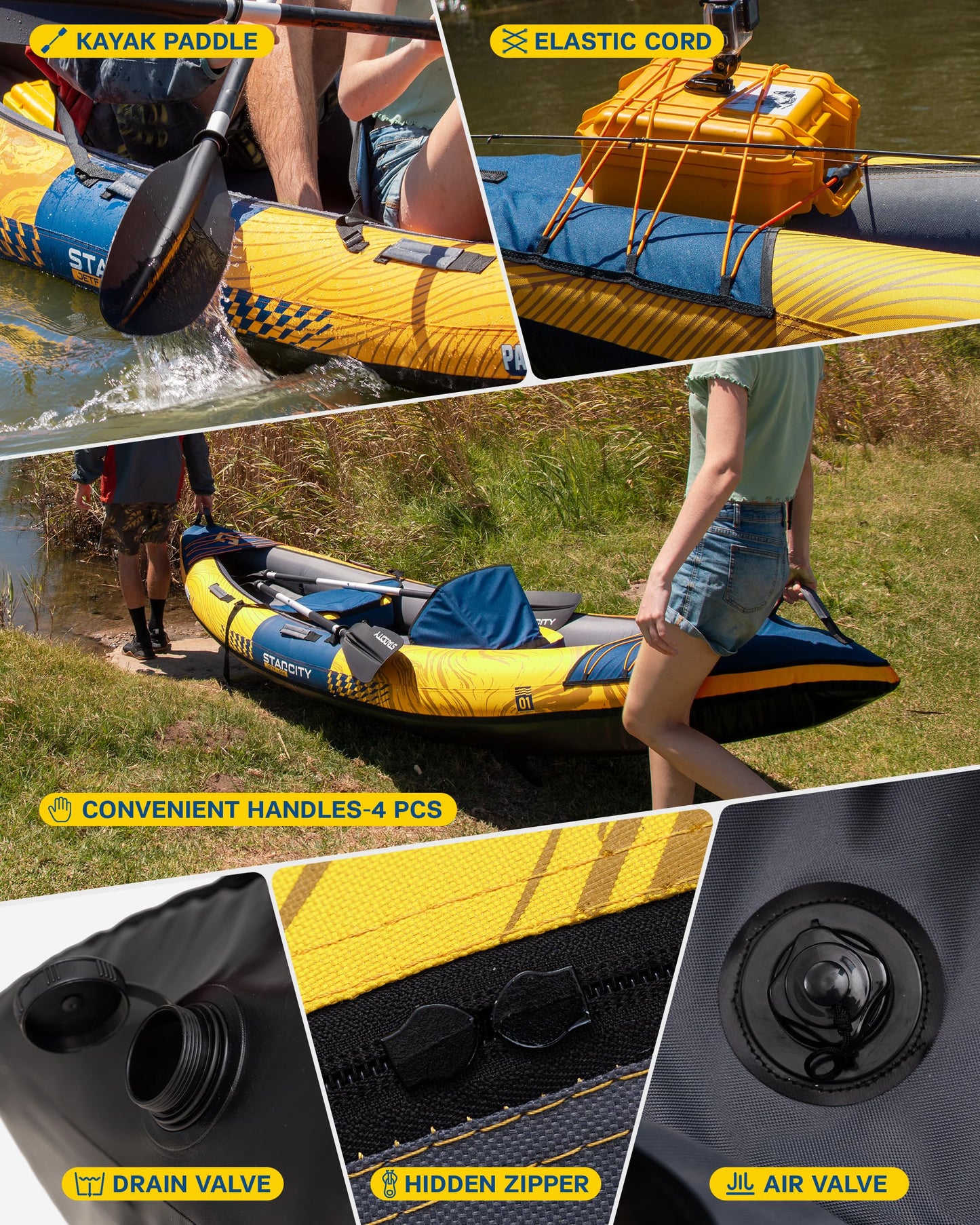 Starcity Kayak Inflatable Tandem Wide Stable Touring Fishing Design 600 Pound Capacity 12" 2"*36"*13" for Lake River Recreational Paddling Families Beginners W/Adjustable Seat Storage Compartment