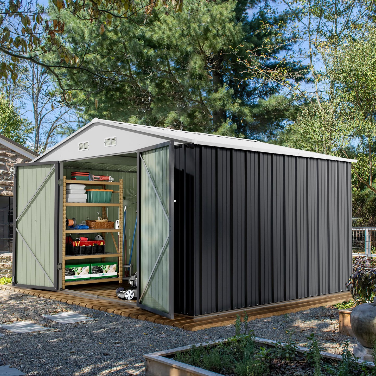 Devoko 10 x 8 FT Outdoor Storage Shed, Metal Garden Sheds & Outdoor Storage Clearance, Large Tool Shed Outdoor with Single Lockable Door for Patio Lawn Backyard (Gray)