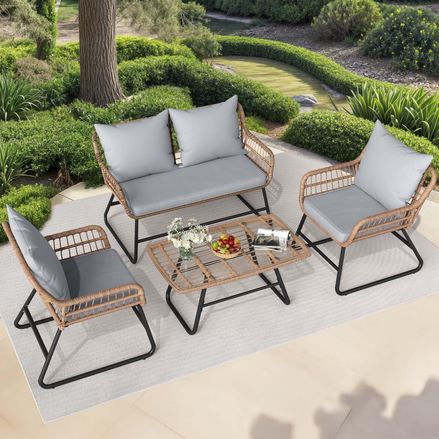 YITAHOME 4-Piece Patio Furniture Set, Wicker Outdoor Furniture Set with Cushions, Outdoor Table and Chairs for Balcony, Backyard, Deck, All-Weather Rattan Conversation Set, Light Gray