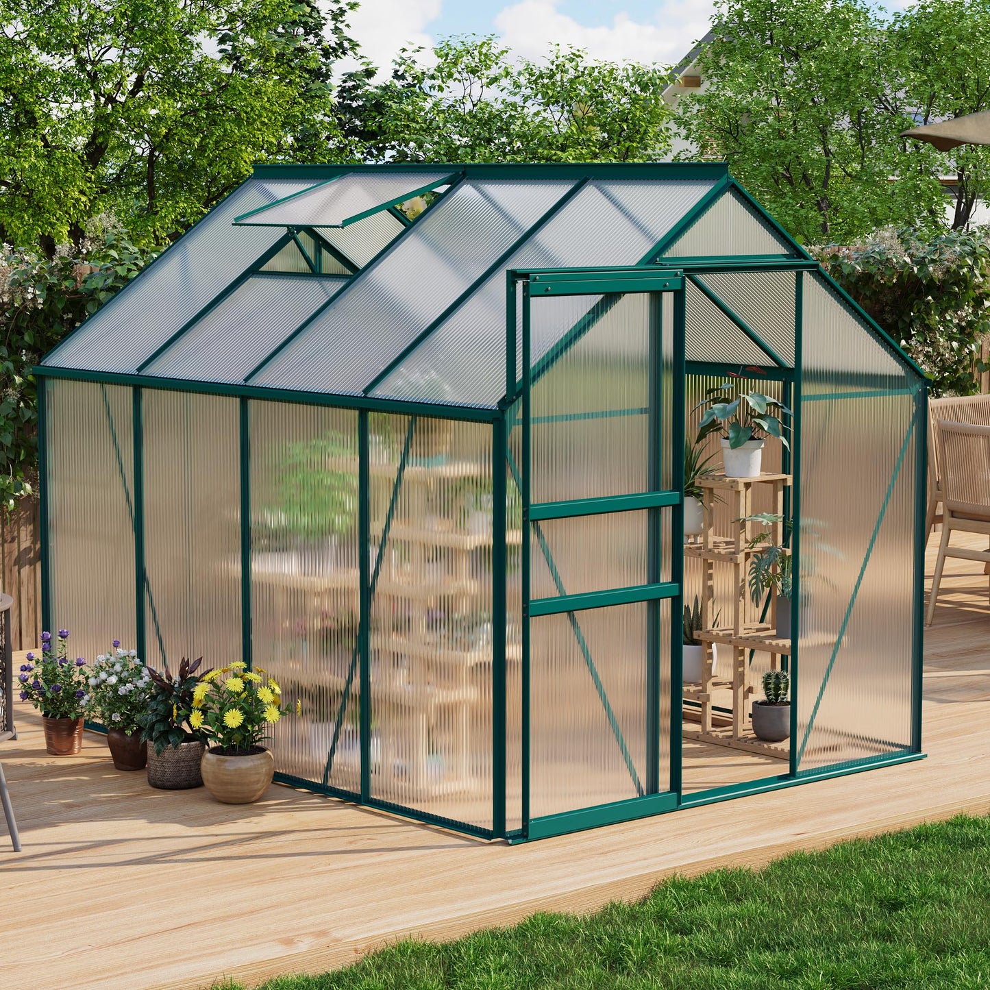 IDEALHOUSE 6 x 8FT Greenhouse for Outside, Polycarbonate Greenhouses with Aluminum Frame, Sliding Door, Adjustable Roof Vent for Backyard, Outdoor Green Houses Garden Backyard, Patio