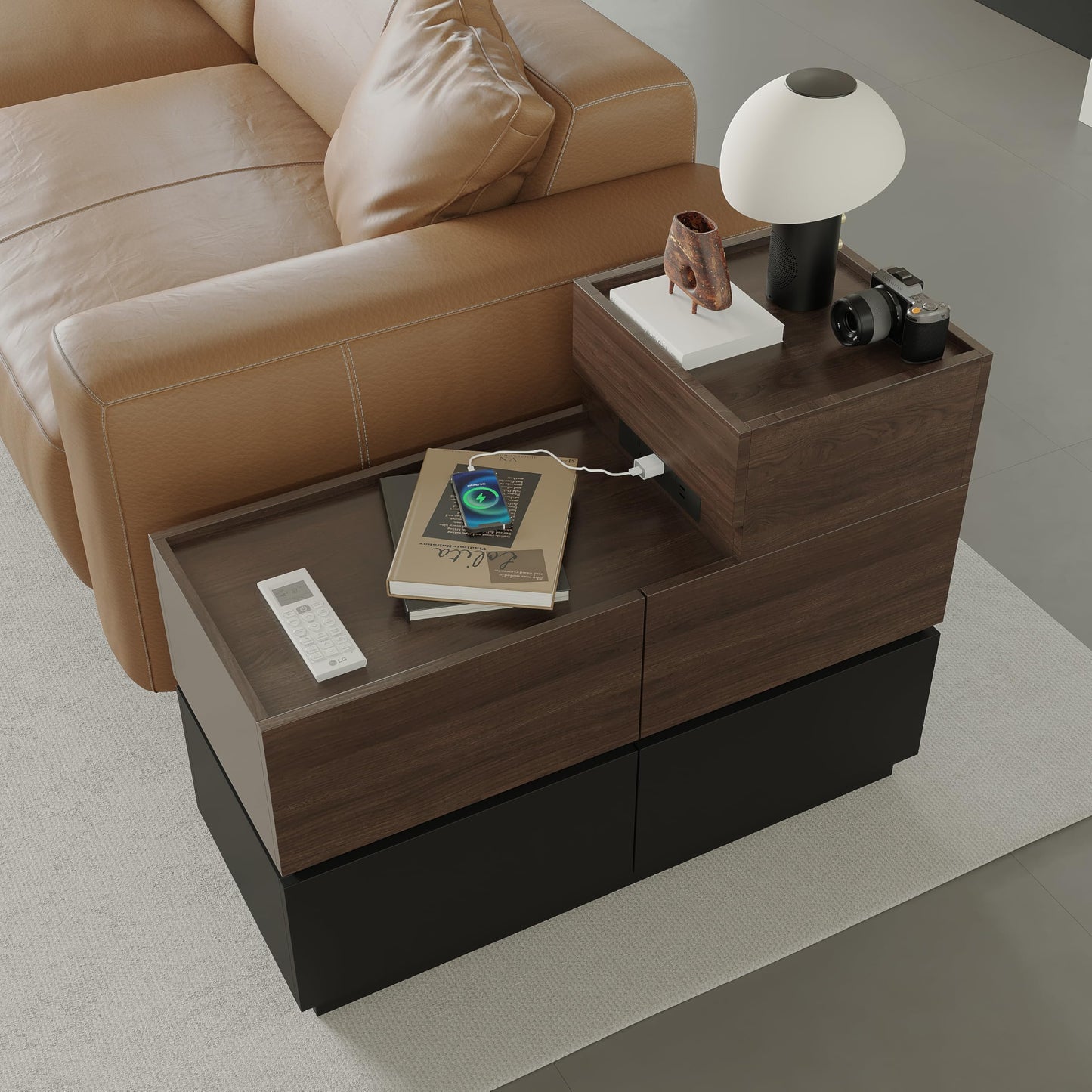 Modern Sofa Side Cabinet, Side Table with USB Interface and Power Outlet, Walnut Wood Living Room Bedroom Side Cabinet Modern Bedside Table with Charging Station for Living Room, Bedroom