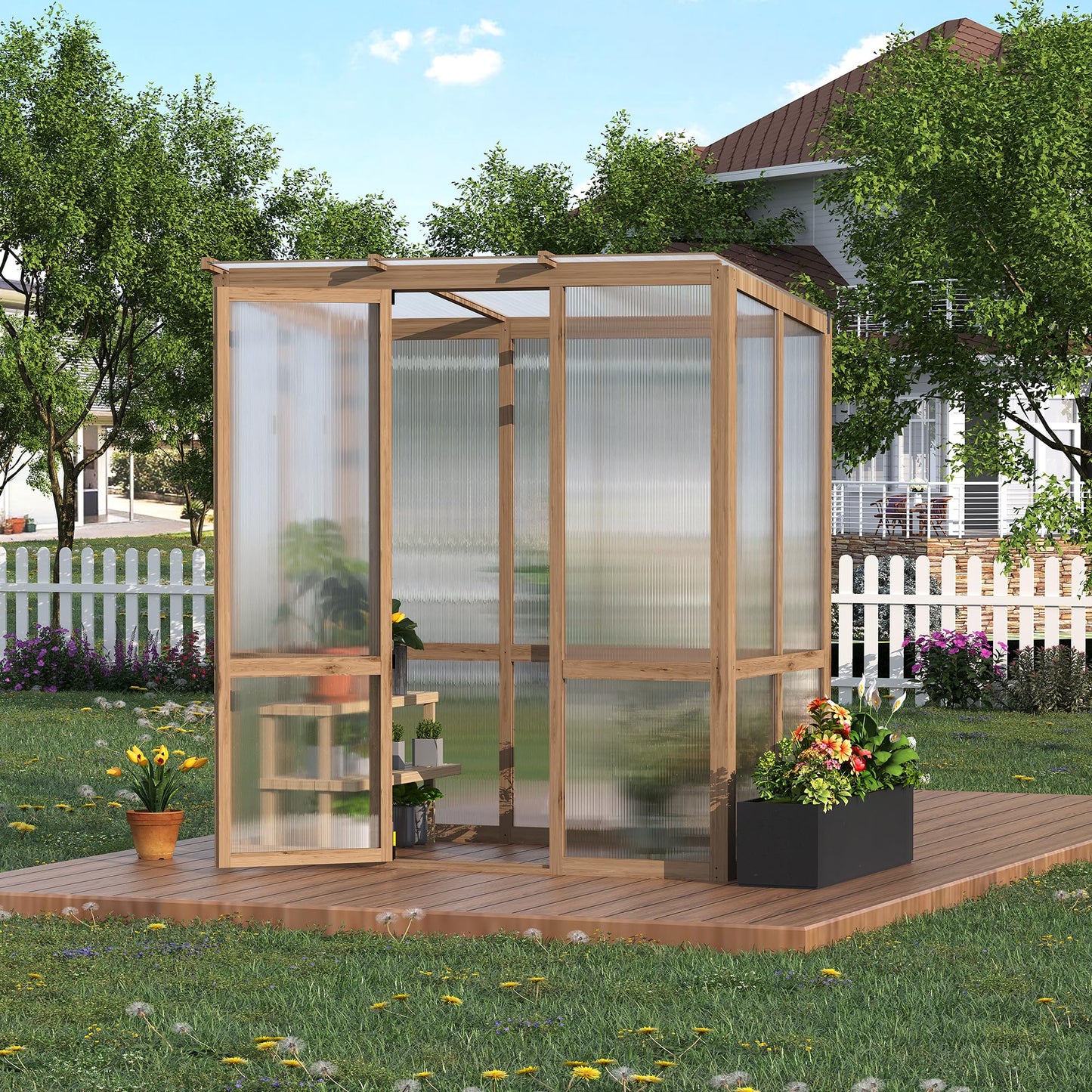 GarveeLife 4x6FT Wooden Greenhouses for Outdoors, Wooden Walk-in Green House with Cedar Frame, Greenhouse Kit with 6MM Thick Polycarbonate Panel