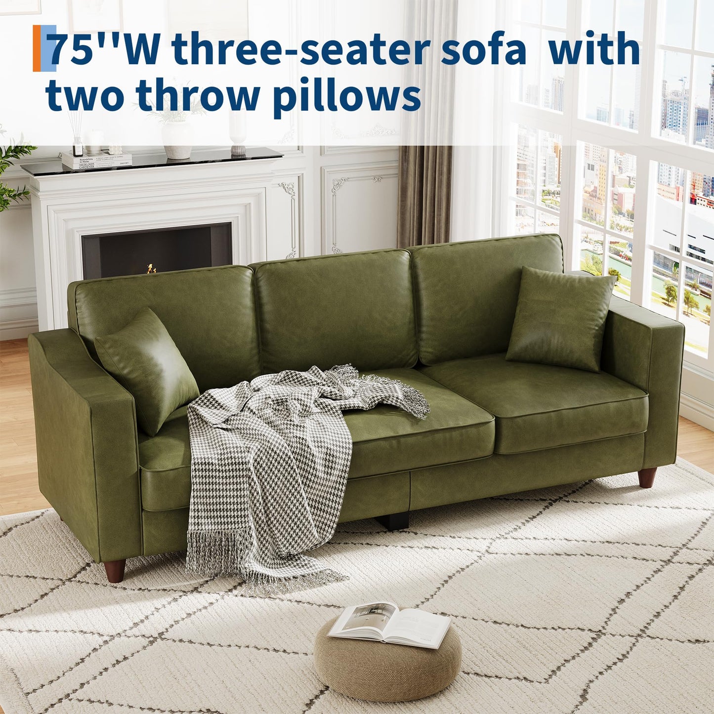 Faux Leather Couch with 2 Throw Pillows, Sofa Couches for Living Room, 3 Seater Sofa with Wide Armrests, Wood Legs, Deep Seats, Back Cushion, Sturdy Support Feet, for Office, Living Room, Olive Green