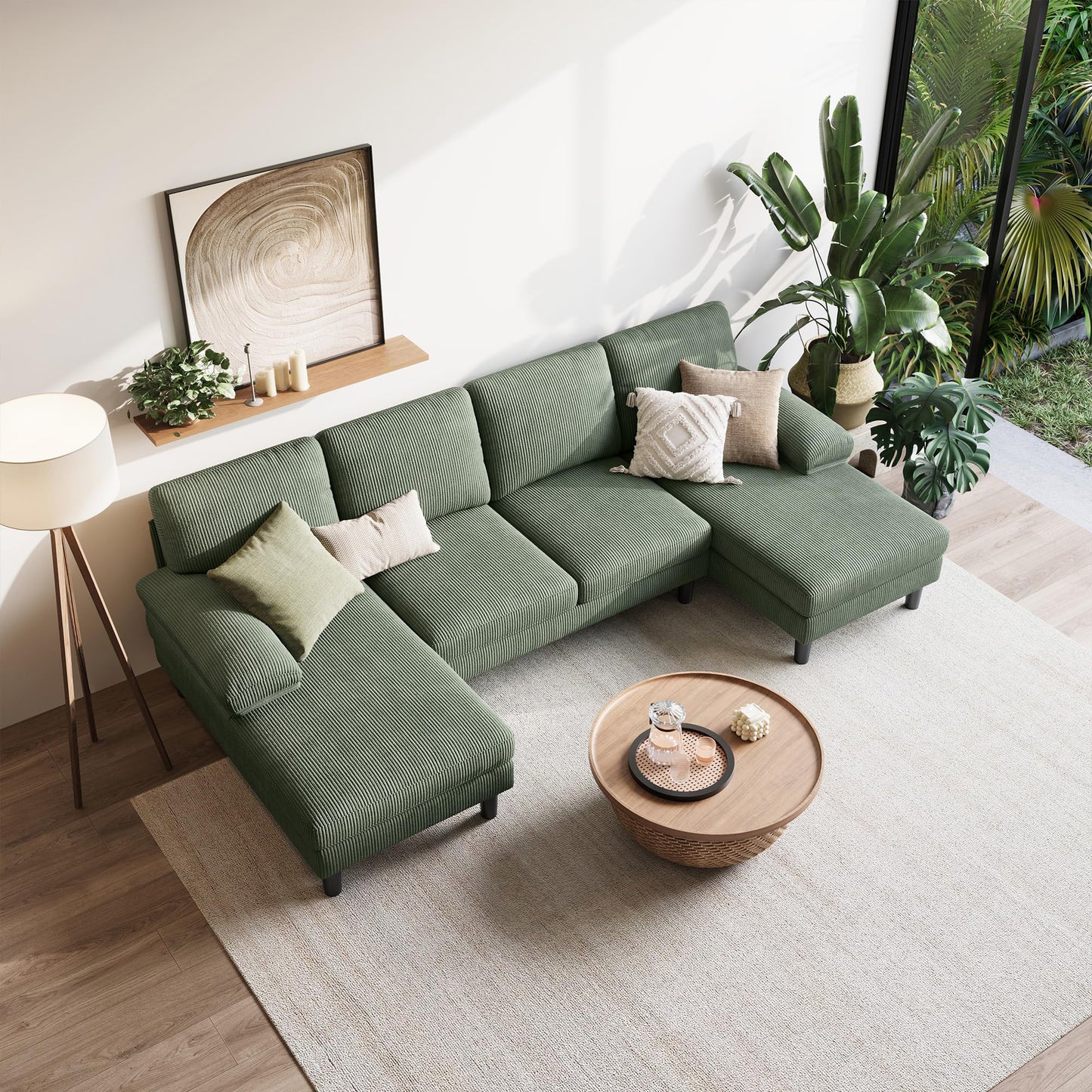 LINSY HOME Sectional Couch, 105'' W Corduroy U Shaped Sofa with Sleepable Armrests, 4 Seat Couch with Double Chaises, Deep Sofa for Living Room, Green