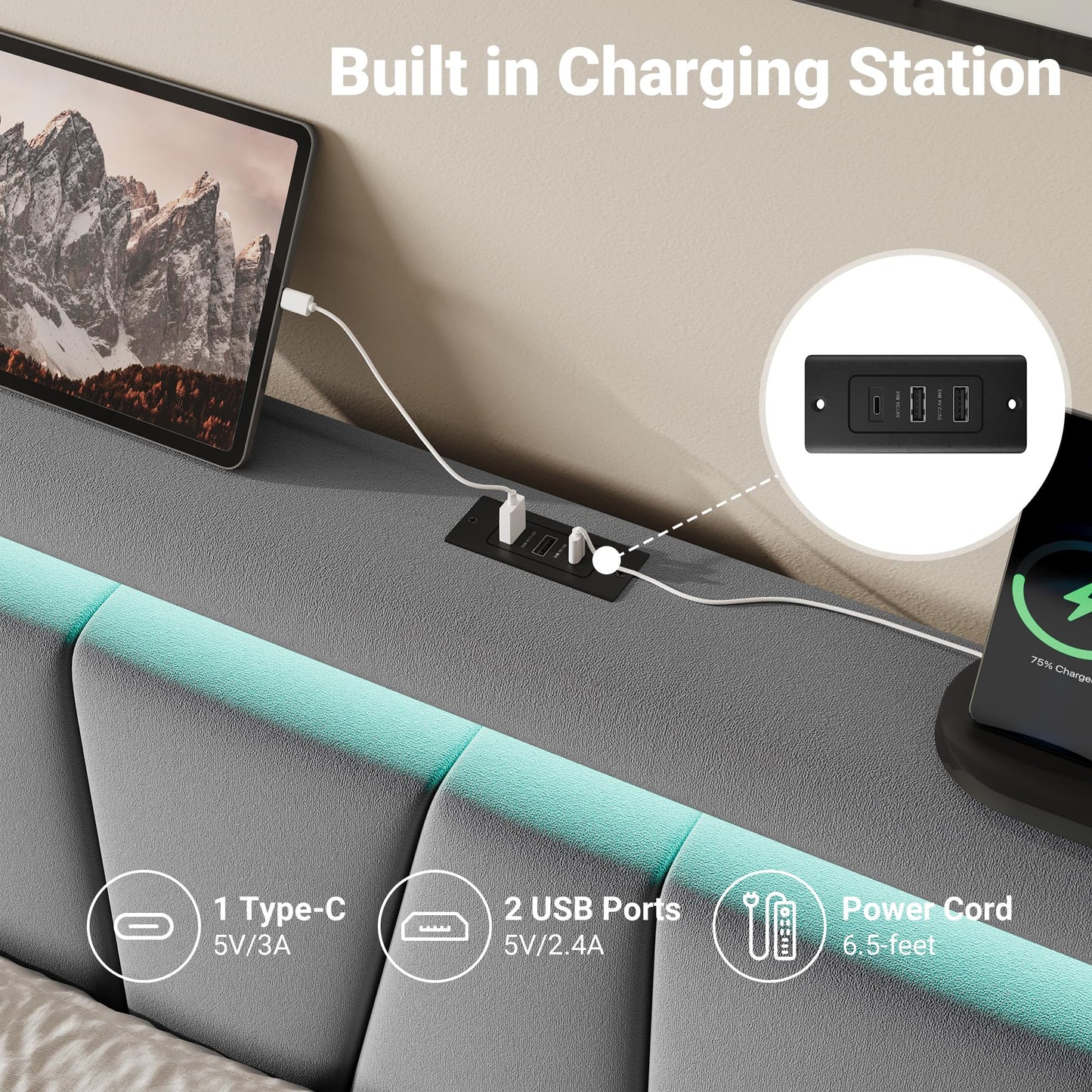 Allewie King Size LED Bed Frame with Charging Station, Velvet Upholstered Platform Bed with Geometric Wingback Headboard, Modern Frame with No Box Spring Needed, Easy Assembly, Grey