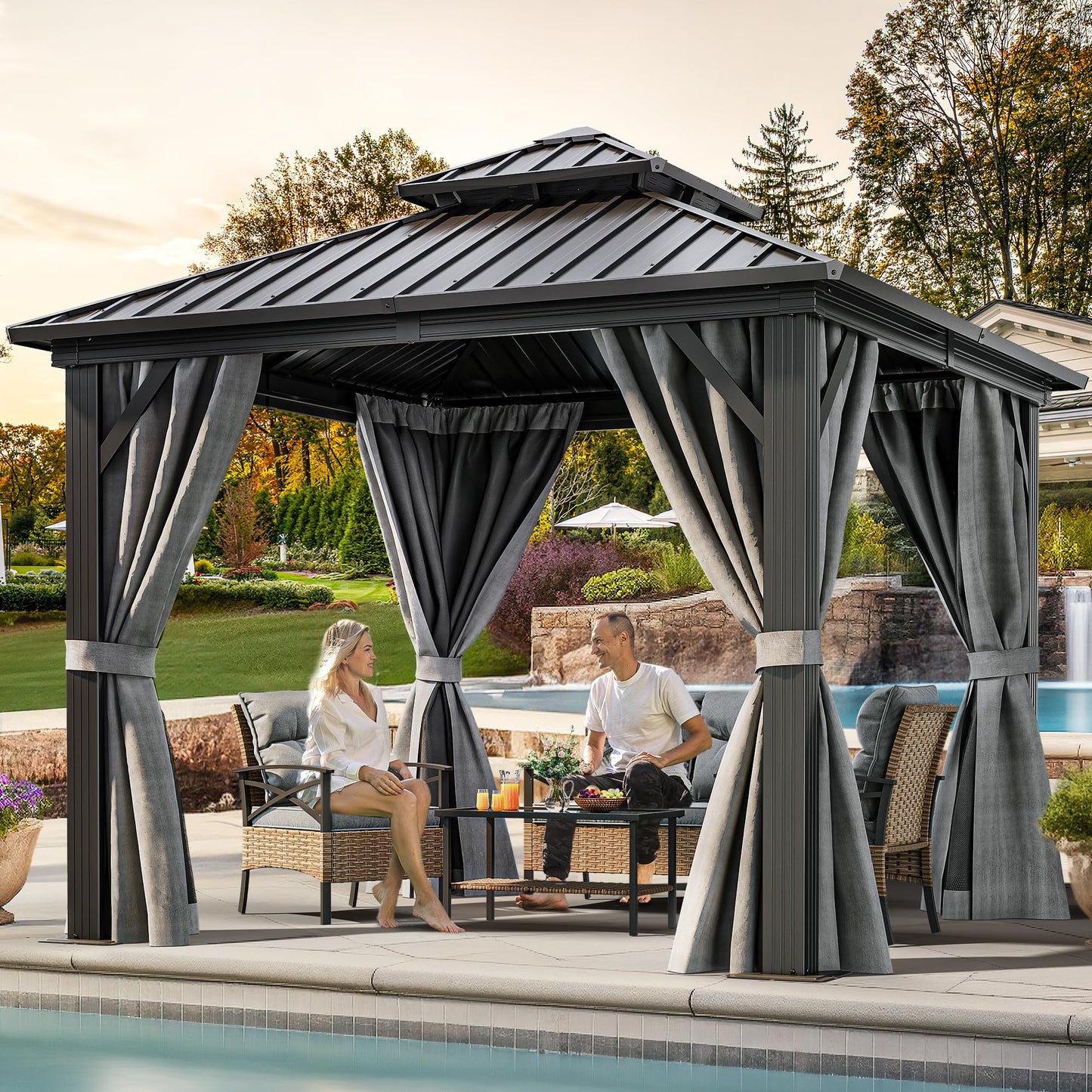 YITAHOME 10X10FT Hard Top Metal Gazebo Patios Double Roof Canopy Aluminum Frame Garden Gazebo Tent Curtains Netting for Patios Backyards Decks Lawns Gray
