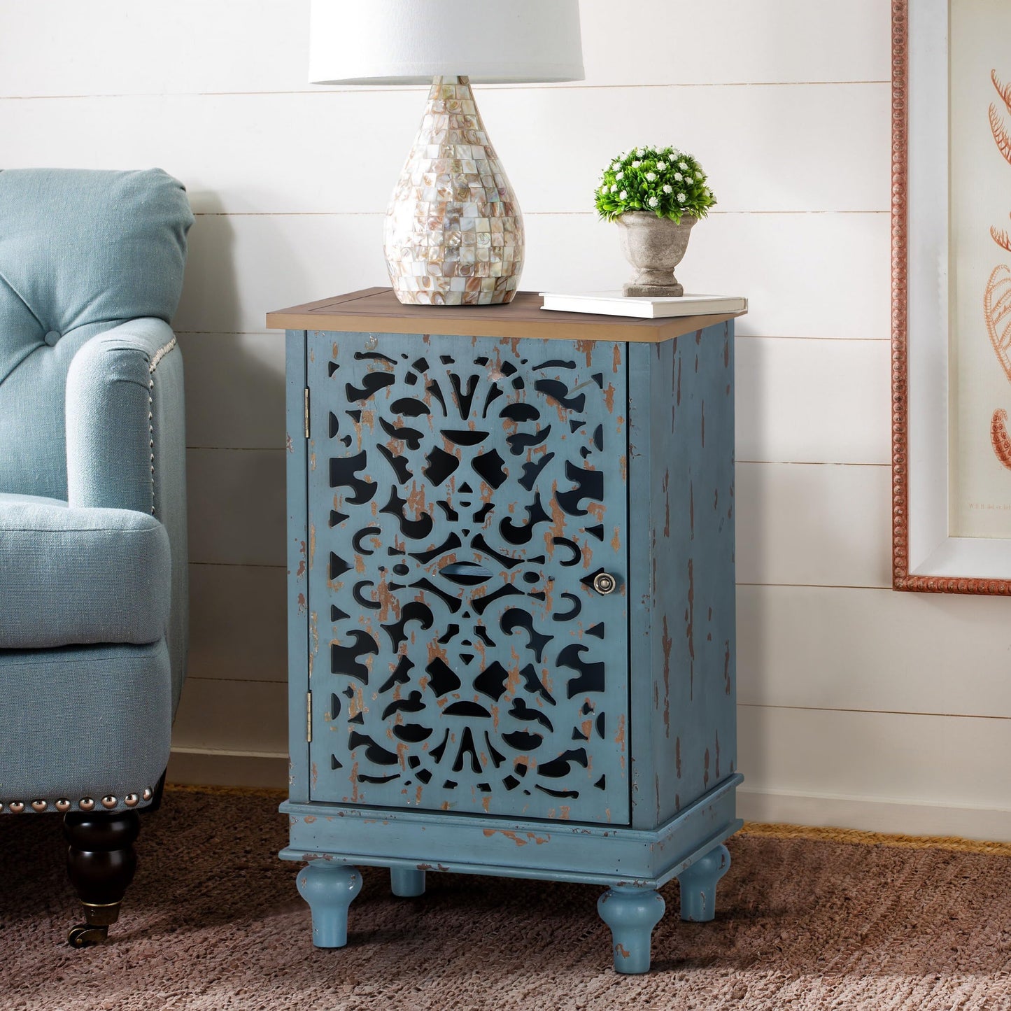 GREEN PARTY Accent Storage Cabinet End Table Nightstand Sofa Table with Single Door Teal Floral Pattern for Living Room, Bedroom, Coffee Table, Teal Floral