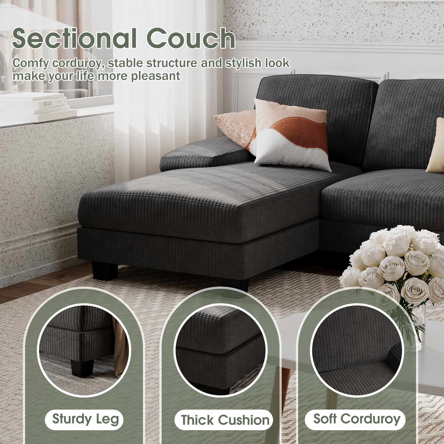 Furniwell Convertible Sectional Sofa Couch, 4 Seat Sofa Set for Living Room U-Shaped Modern Fabric Modular Sofa Sleeper with Double Chaise & Memory Foam (Corduroy, Deep Grey)