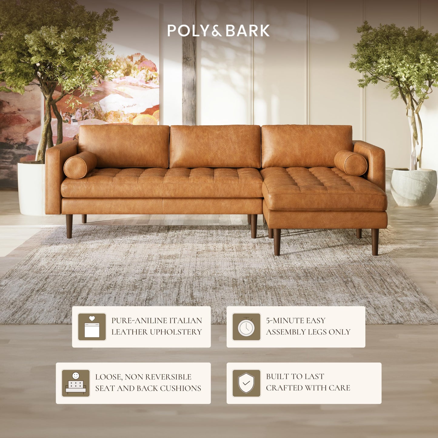 POLY & BARK Napa 104.5" Right-Facing Sectional Sofa – Cognac Tan Full-Grain Pure-Aniline Italian Leather, Feather-Down Cushions, Solid Wood Frame