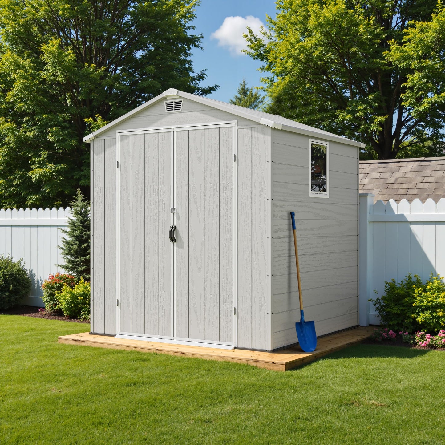 Greesum 6x6FT Plastic Outdoor Storage Shed with Floor, Resin Sheds with Lockable Double Door, Tool Sheds with Window and Vents, for Garden, Backyard, Patio, Light Gray