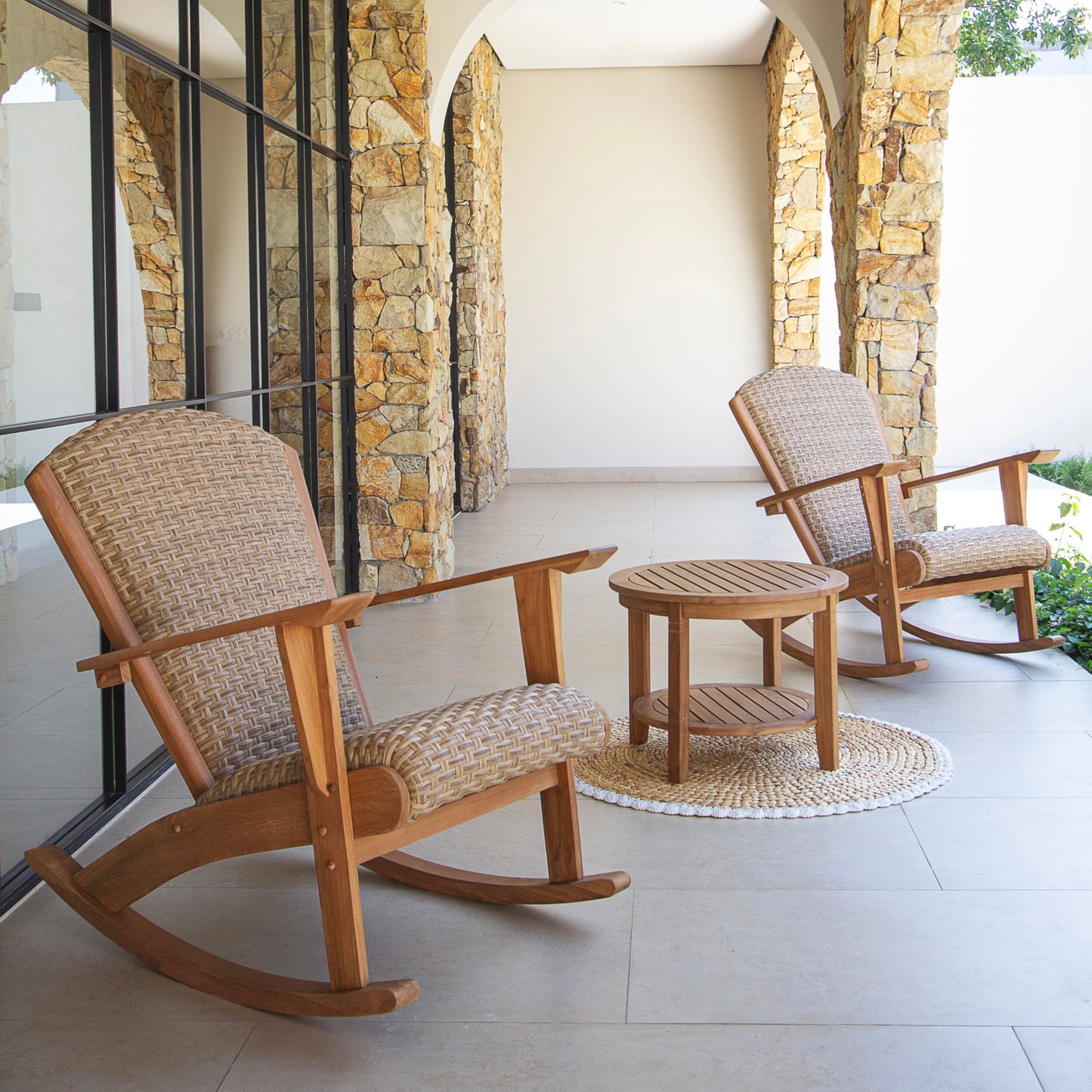 Cambridge Casual Camden 3-Piece Teak Wood Patio Conversation Set Beige Wicker, Padded Woven Seat, Deep Seating Rocking Chair Set of 2 with Side Table, Quick Dry Foam