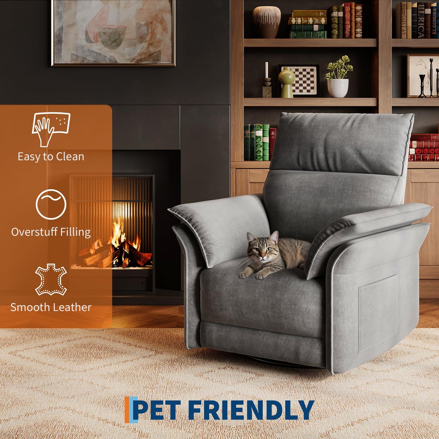 GAOMON Swivel Rocking Recliner Chair, Manual Leather Recliner Glider with Lumbar Support & Padded Armrest, Comfortable Rocker Nursery Single Sofa for Living Room and Bedroom (Light Gray)