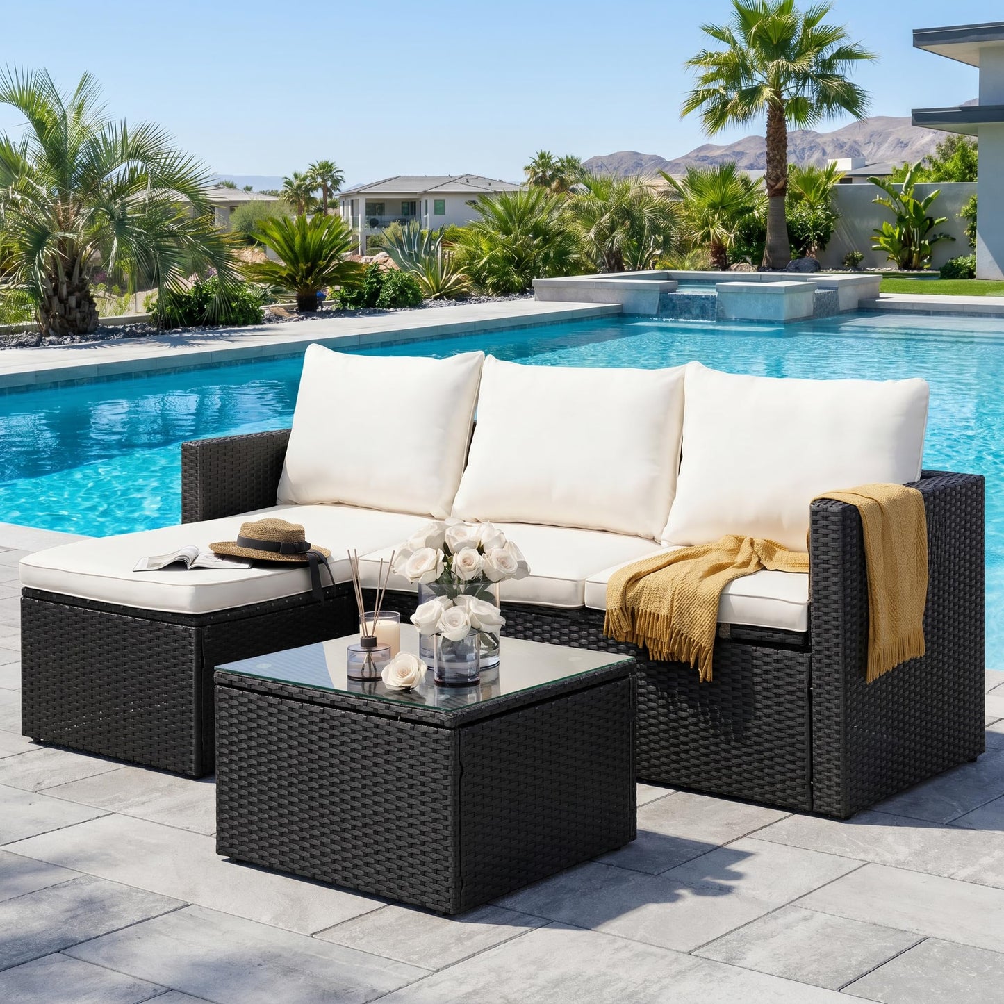 SUNLEI 3 Piece Patio Furniture Set, Outdoor PE Rattan Sectional Sofa Set with Ottoman, Detachable Cushions and Glass Coffee Table, Patio Conversation Set for Backyard Balcony Porch, Black/White