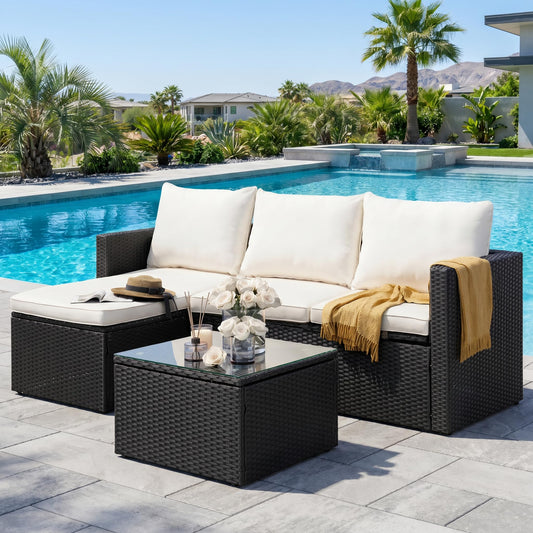 SUNLEI 3 Piece Patio Furniture Set, Outdoor PE Rattan Sectional Sofa Set with Ottoman, Detachable Cushions and Glass Coffee Table, Patio Conversation Set for Backyard Balcony Porch, Black/White