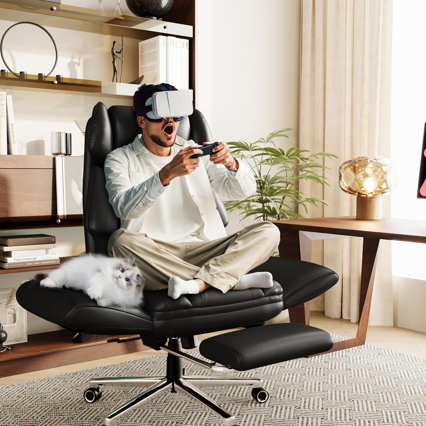 GABRYLLY Ergonomic Chair with Footrest – Wide Cross Legged Chair with Reversible Armrests, 120°Tilt, Lumbar Support,Heavy-Duty Base, Big and Tall Executive Chair Plus, Black, GY82766