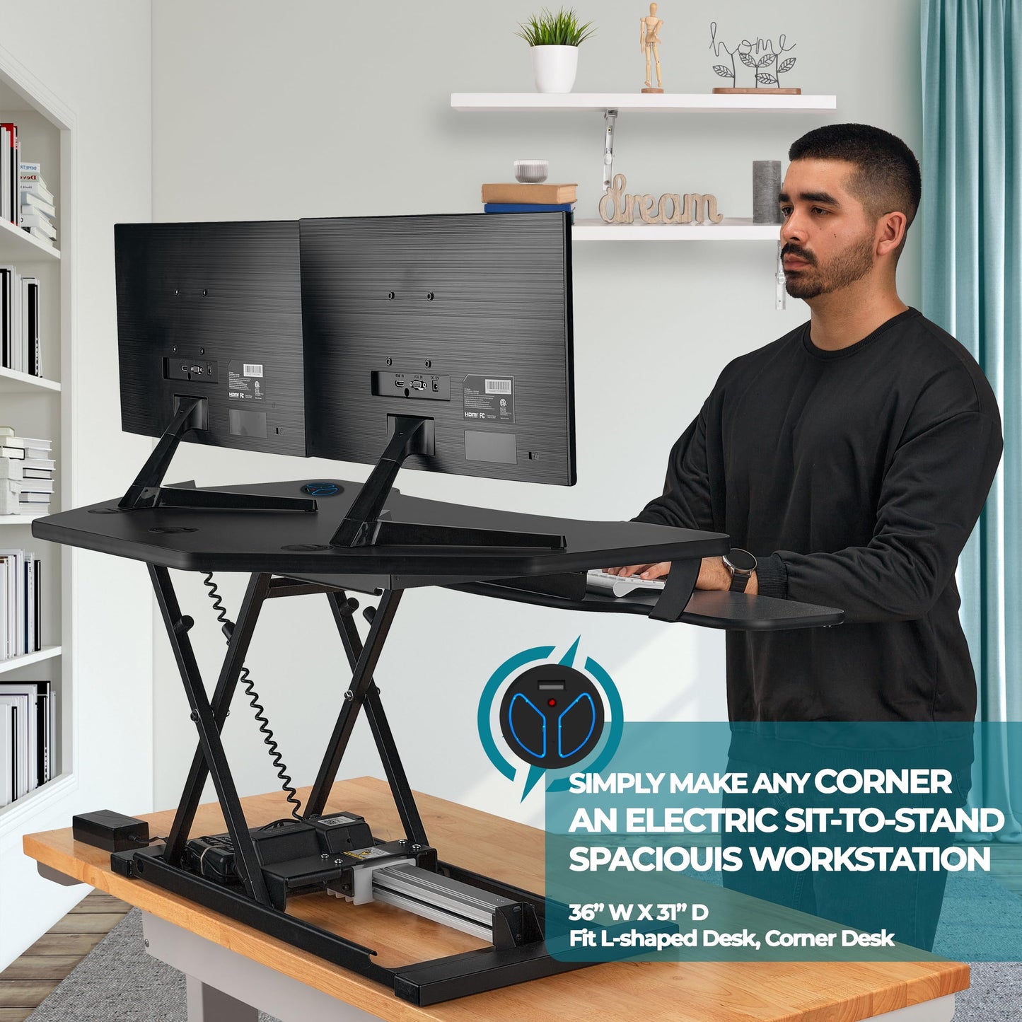 VERSADESK PowerPro 36" Corner Standing Desk Converter, 36 Inch Motorized Height-Adjustable Standup Desk Riser Sit to Stand Desktop with Keyboard and Mouse Tray + USB Charging Port, Black