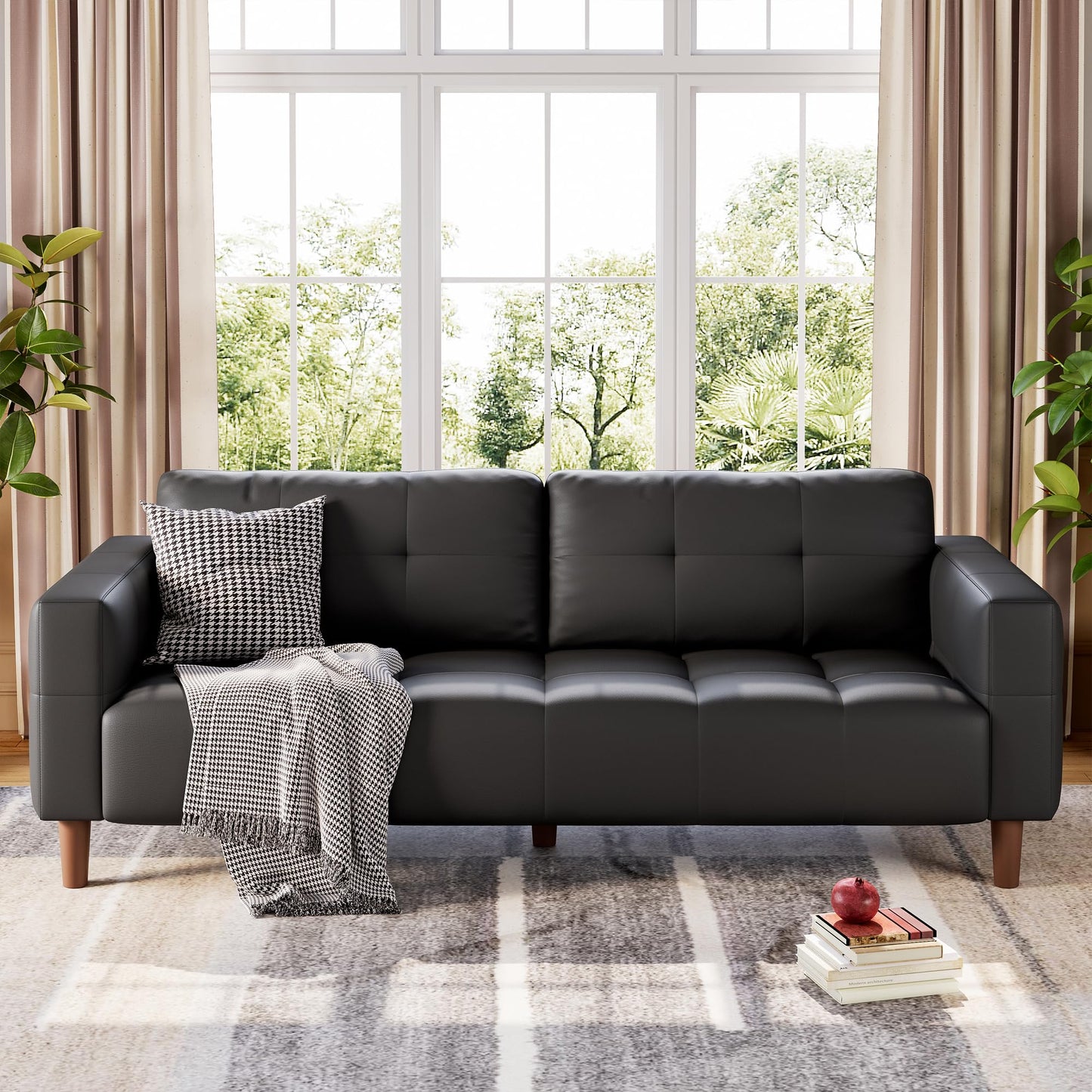 GarveeHome 3-Seater Sofa Couch, 83" Wide Faux Leather Sofa Couch with Spring Cushion, Modern Sofa with Deep Seats and 2 Removable Back Cushions, for Living Room, Apartment, Office, Modern Black