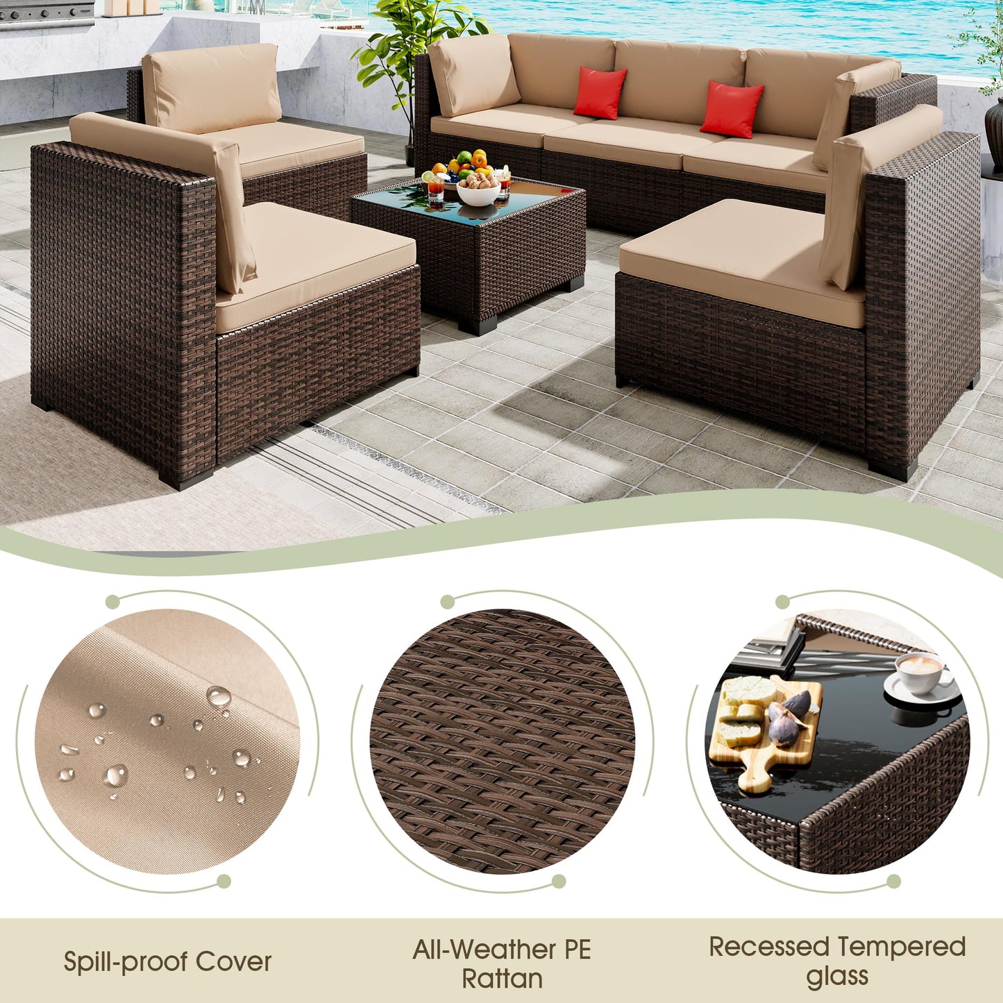 LHBcraft 7 Pieces Outdoor Furniture Set, Wicker Furniture Patio Conversation Sets with Tea Table and Thickened Beige Cushions, Outdoor Patio Sectional Sofa for Garden, Poolside, Backyard