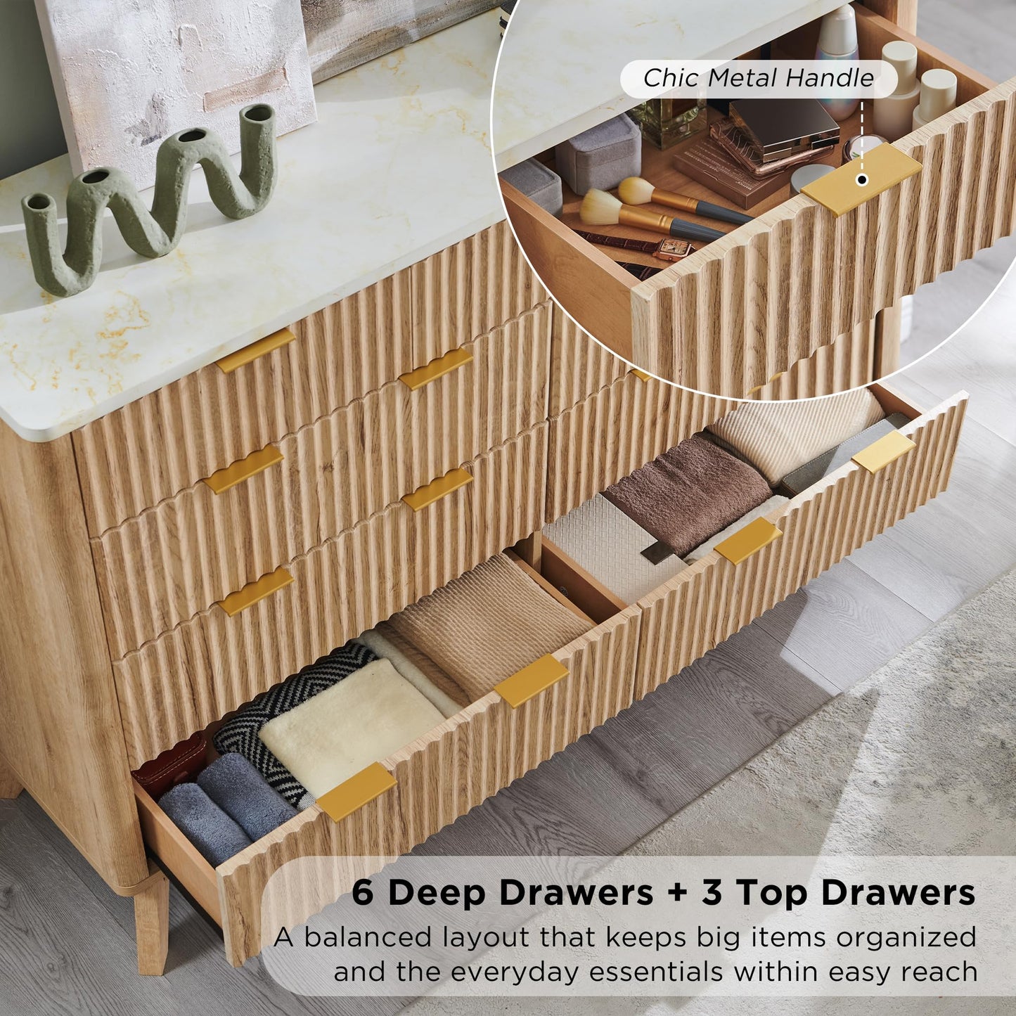 T4TREAM Fluted 9 Drawer Dresser, Modern Chest of Drawers with Faux Marble Top, Curved Profile Design, Dresser TV Stand, Wood Drawer Organizer for Bedroom, Living Room, Hallway, Natural Oak