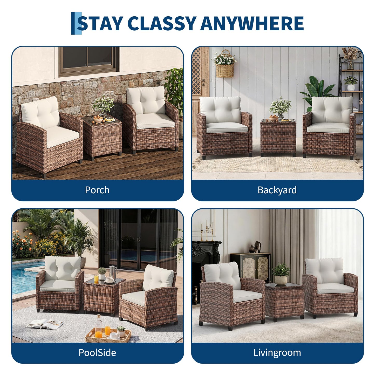 3-Piece Patio Furniture Set, PE Rattan Wicker Outdoor Sofa Set with Washable Cushions & Tempered Glass Tabletop, Conversation Set for Garden, Poolside, Balcony (Brown Wicker & Beige Cushions)