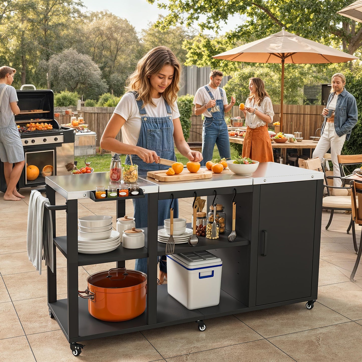 YITAHOME Big Green Egg Grill Table with Removable Stainless Steel Tabletop, Outdoor Kitchen Island with Spice Rack, Paper Towel Holder, and Trash Bag Holder, BBQ Prep Table for Parties