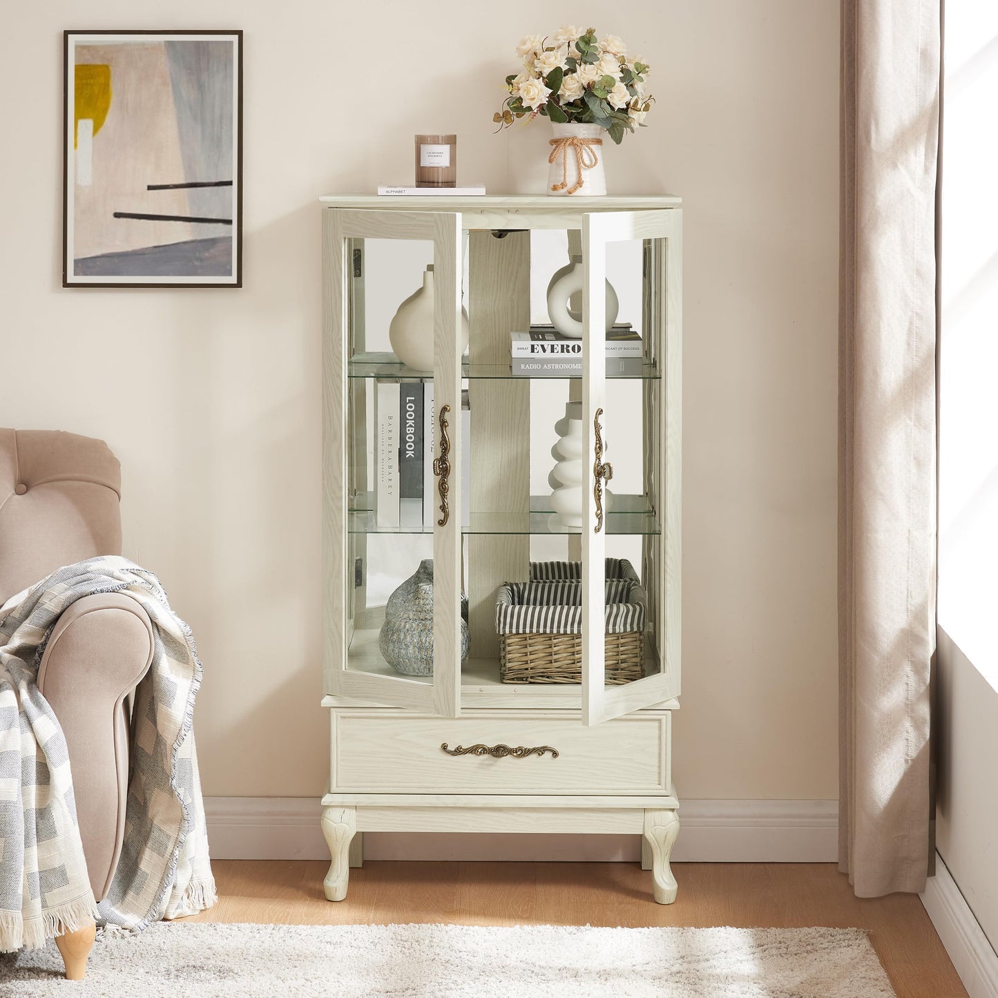 KEIKI 52" Glass Display Cabinet with Carved Metal Handle & Adjustable Shelves, Storage Curio Cabinet with 2 Door & 1 Drawer, 3-Tier Showcase Display Case, Easy Assembly, for Living Room, White