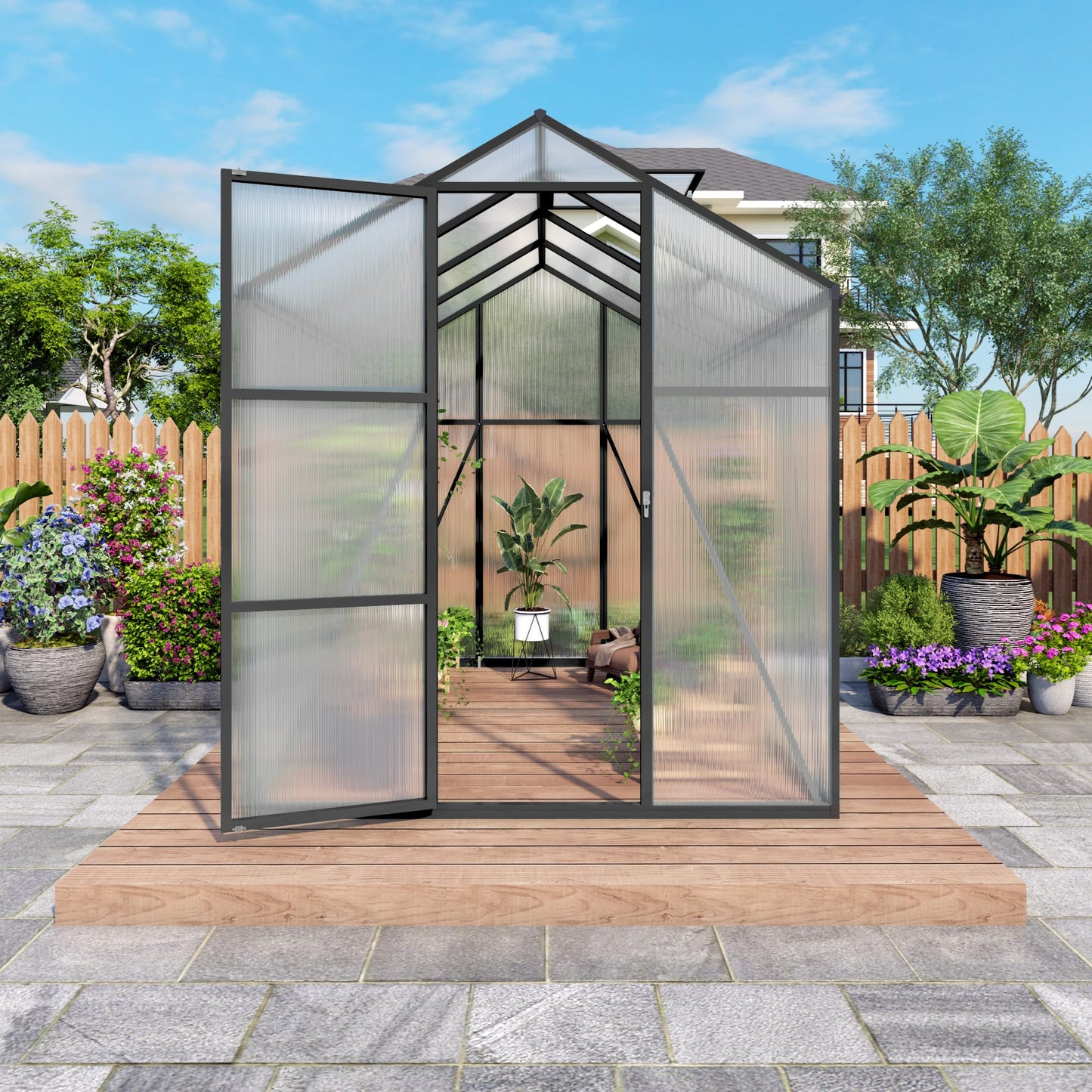 Walk-in Greenhouse 6x14FT, Aluminum Frame Polycarbonate Green House Kit, Heavy-Duty Plant Shelter with Vent Windows & Drainage System, UV Resistant Outdoor Garden Greenhouse for Vegetables Flowers