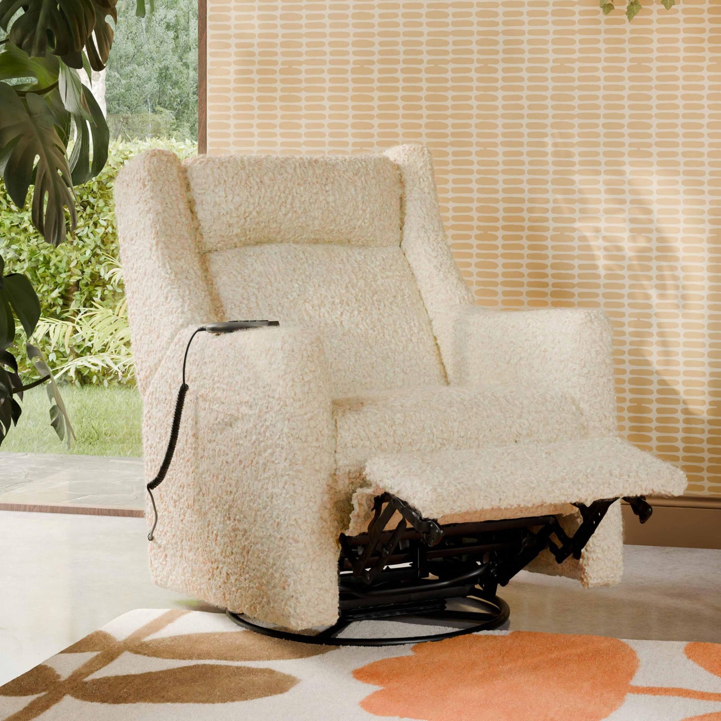 Babyletto Kiwi Deluxe Power Recliner and Swivel Glider with Heat and Massage in Almond Teddy Loop, Built-in USB Charging Port, Adjustable Headrest, Greenguard Gold, FSC and CertiPUR-US Certified