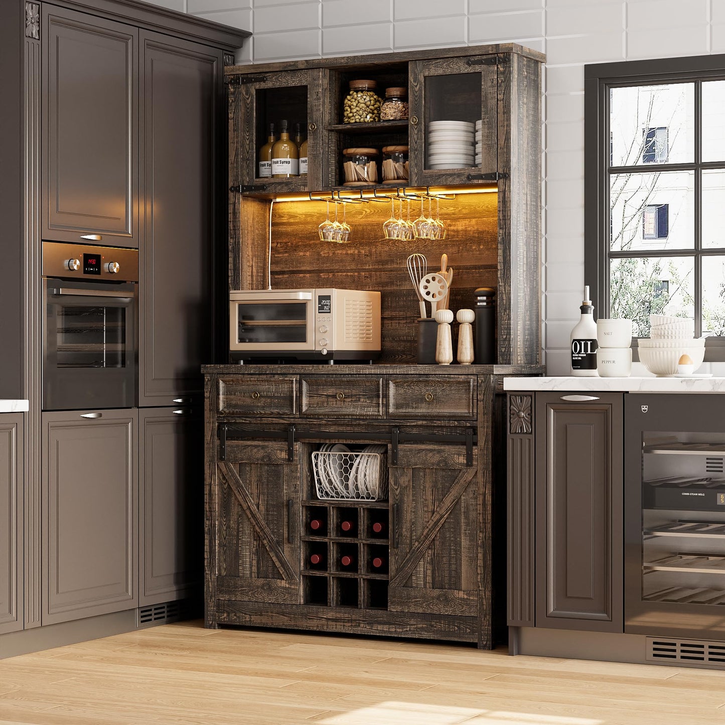 IDEALHOUSE 72" Modern Farmhouse Coffee Bar Cabinet with LED Lights & Power Outlets, Sliding Barn Doors, Rustic Dark Oak Kitchen Buffet with Wine Storage, Ample Storage for Home Bar, Microwave