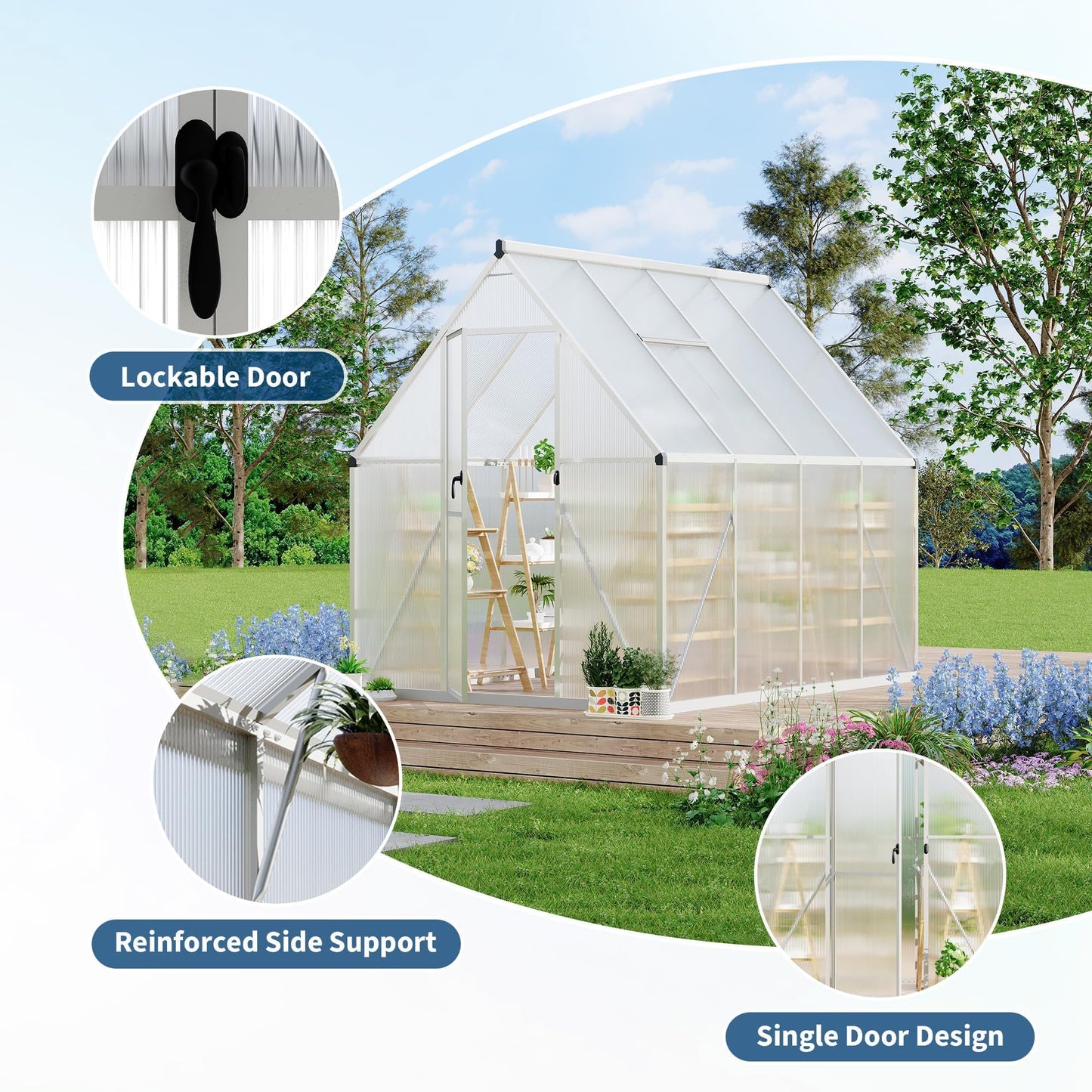 6x7 ft Heavy Duty Polycarbonate Walk-in Greenhouse with Reinforced Aluminum Frame, Adjustable Roof Vent, and UV Protection Panels for Outdoor Backyard Gardening and Year-Round Plant Care