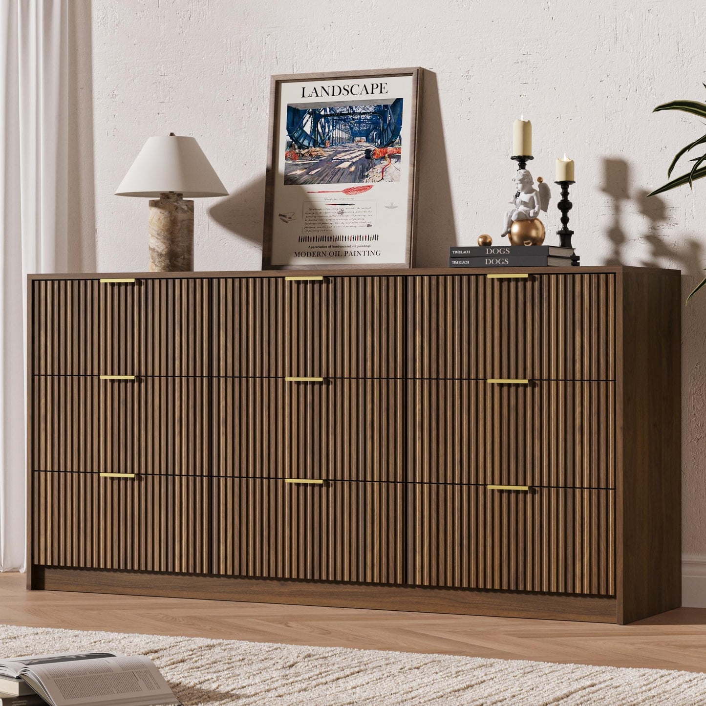 MAISONARIA 9 Drawer Dresser for Bedroom, 63" Wide Modern Fluted Dresser with Gold Metal Handles, Chest of Drawers for Bedroom, Living Room, Entryway, Hallway, Walnut