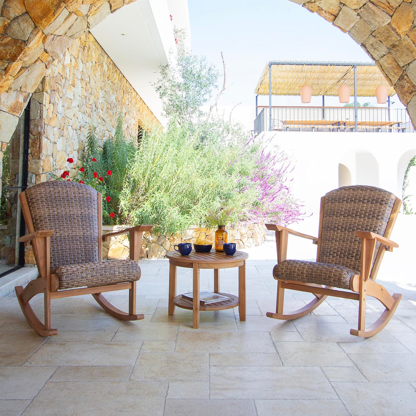 Cambridge Casual Camden 3-Piece Teak Wood Patio Conversation Set Brown Wicker, Padded Woven Seat, Deep Seating Rocking Chair Set of 2 with Side Table, Quick Dry Foam