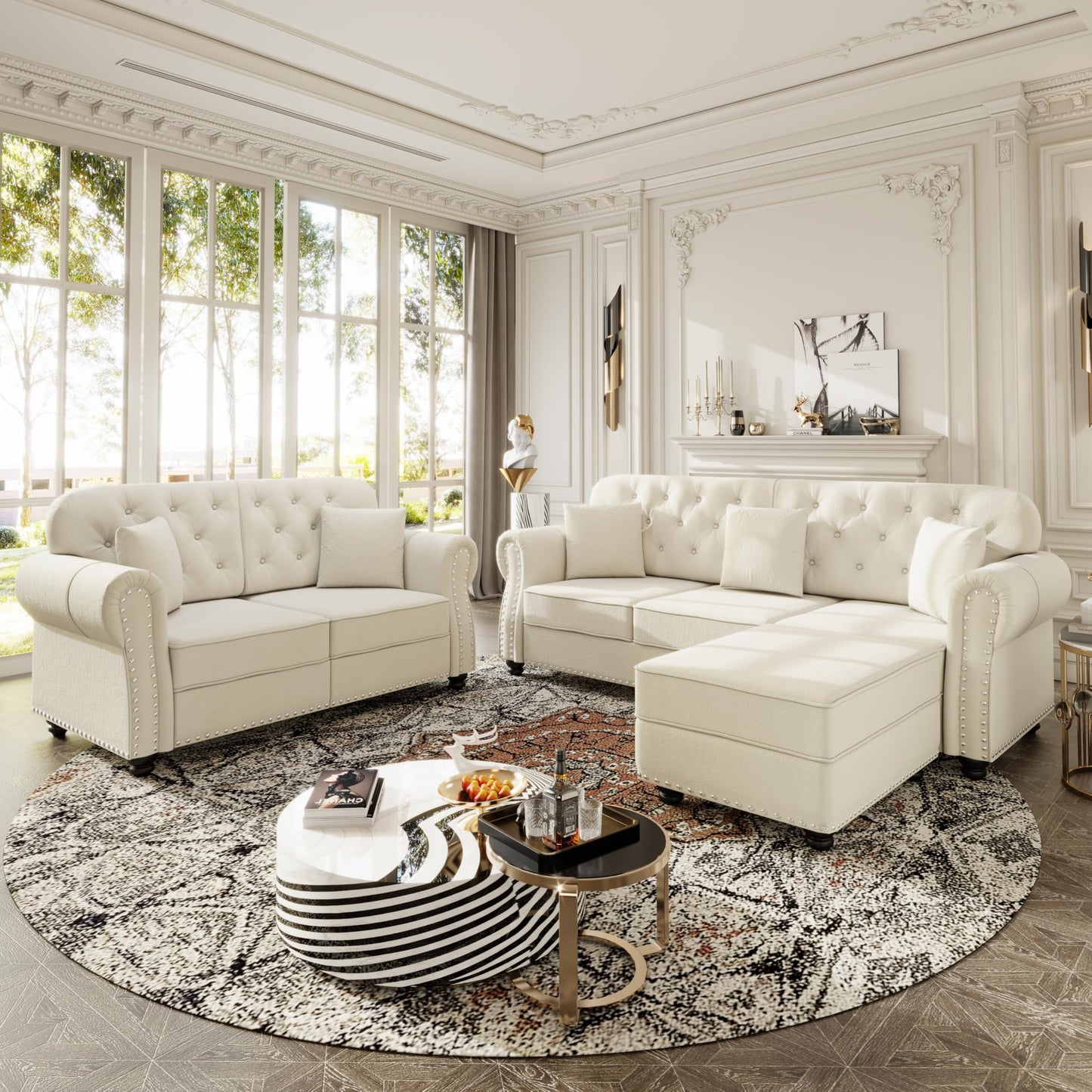 KEIKI 2-Piece Chesterfield Sofa Set with 1 Velvet 3-Seater Sofa & 1 Loveseat Sofa, Upholstered 5-Seater Couch Set with Nailhead Trim & Rolled Arms & 1 Ottoman & 5 Pillow, for Living Room, White