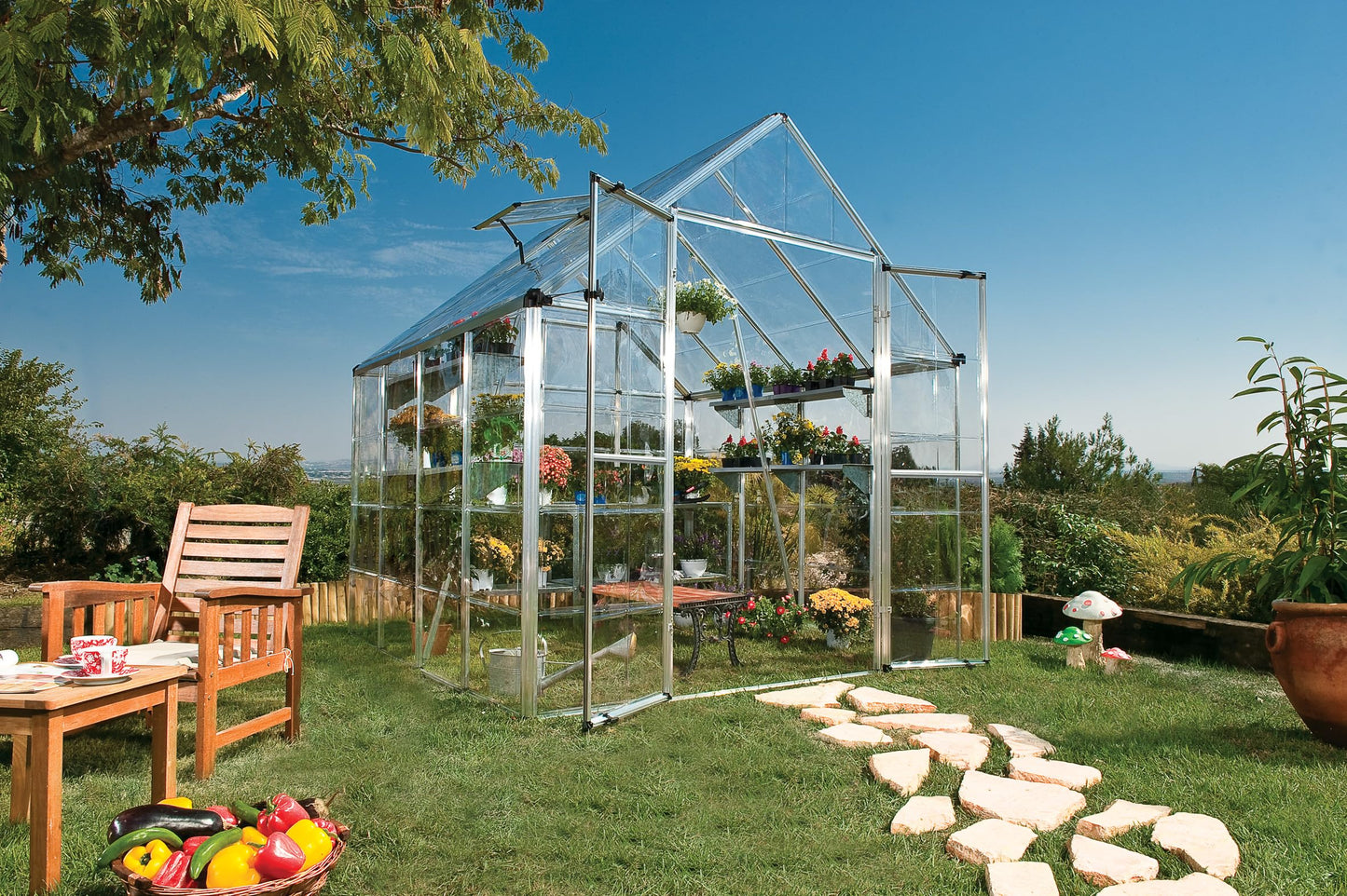 Palram - Canopia Snap & Grow 8 Ft. x 8 Ft. Greenhouse Kit Hobby DIY Walk in Green House Heavy Duty Polycarbonate, Aluminium Frame, with Lockable Door and Vent for Outdoors, Garden, Backyard in Silver