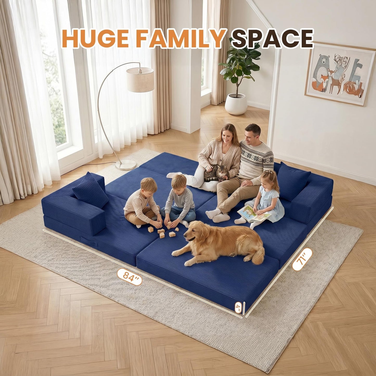 65" Modular Sectional Sofa, Boneless Convertible Sleeper Sofa Bed, Modern Tri-Folding Cloud Couch with L-Shape Chaise, Corduroy Futon Couches for Living Room Small Spaces Apartment,No Assembly,Blue