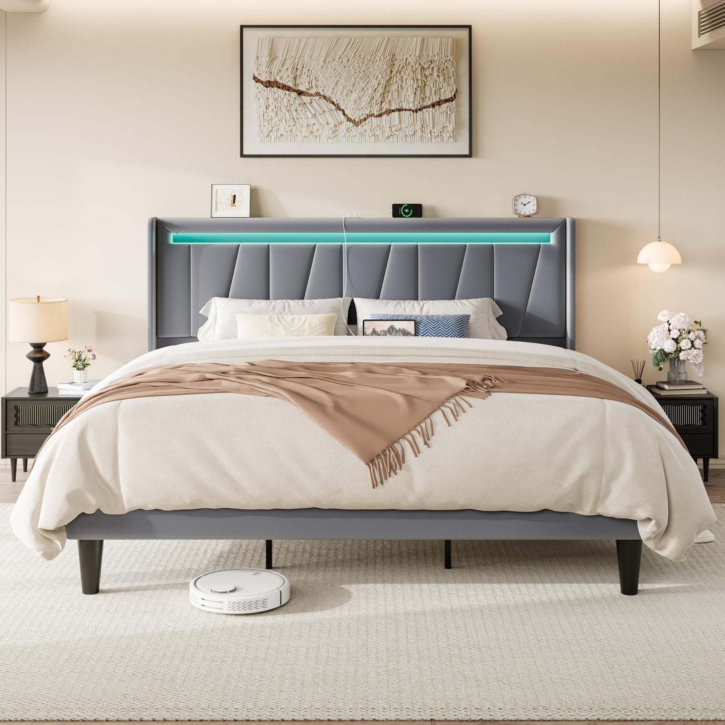 Allewie King Size LED Bed Frame with Charging Station, Velvet Upholstered Platform Bed with Geometric Wingback Headboard, Modern Frame with No Box Spring Needed, Easy Assembly, Grey