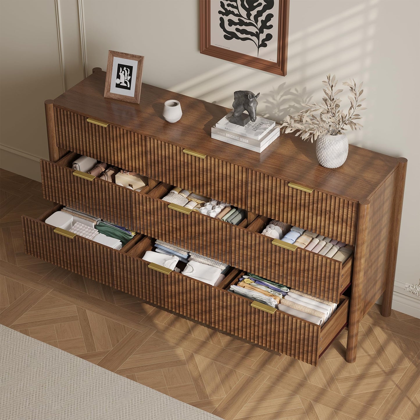 CHUWELL Fluted Walnut Dresser for Bedroom, 63" Wide Mid Century Modern Chest of Drawers with 4 Solid Wood Cylindrical Legs & Gold Metal Handles, 9 Drawer Large Dresser for Bedroom