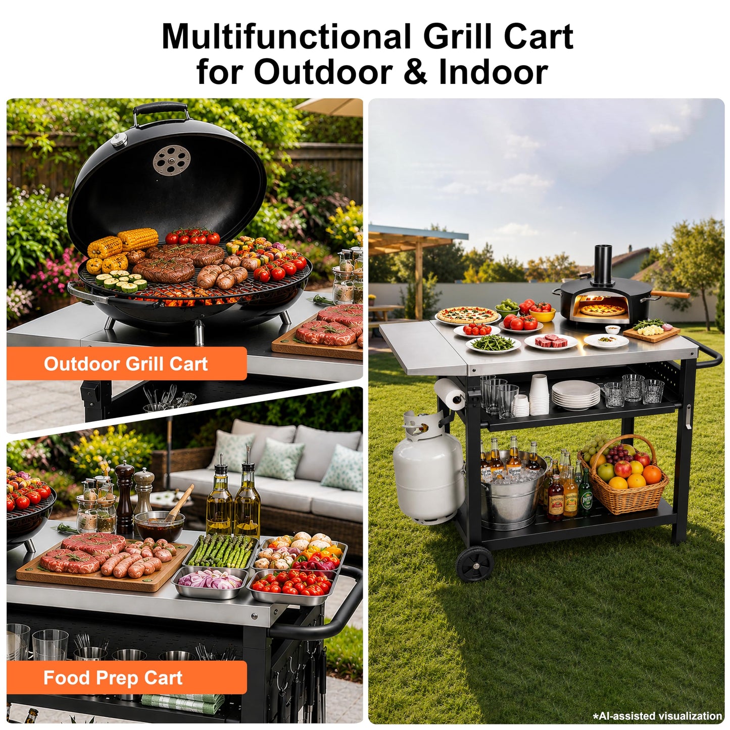 Outdoor Grill Cart for Blackstone/Ooni/Ninja, 43.3"x20" Stainless Steel Outdoor Grill Table with Propane Tank Mount & Wheels, Movable Outdoor Cooking Table with Storage for Pizza Oven, Patio, Camping