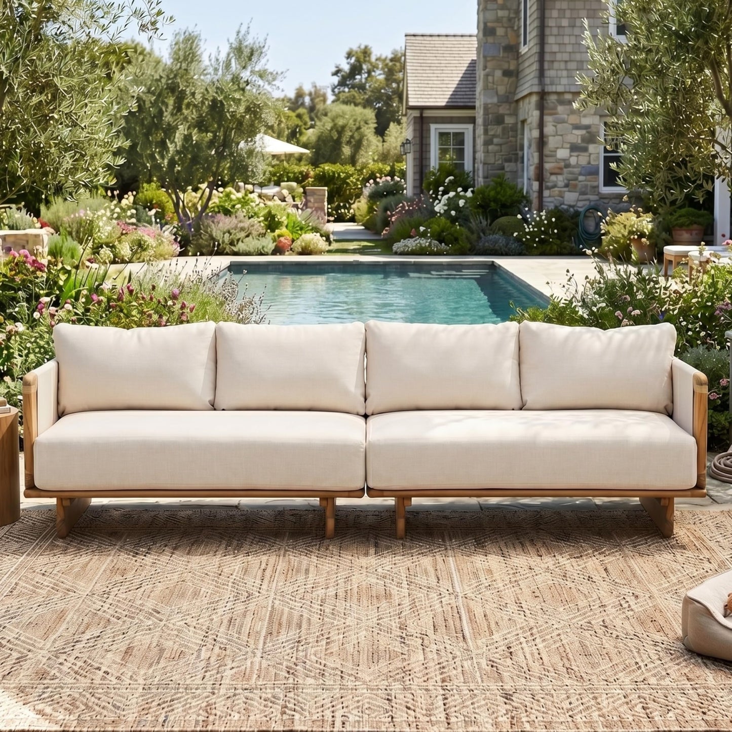 Merax Acacia Wood Outdoor Patio 105 Inch Loveseat Sofa with Cushions, Large 4-Seater Sofa Daybed for Backyard, Lawn, Deck, Balcony, Water Repellent Fabric, 400 lbs Capacity, Light Teak +Beige