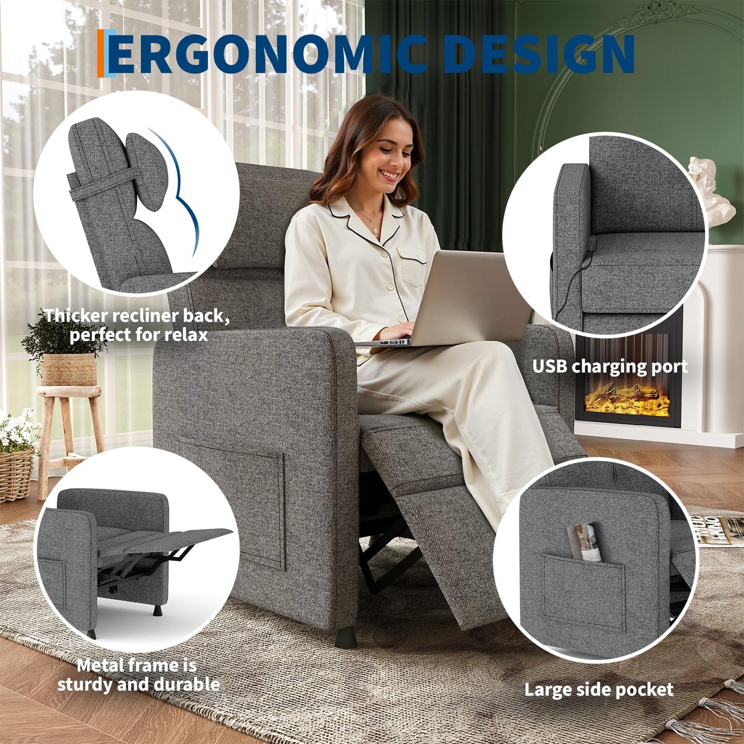 GarveeHome Electric Recliner Chair Adjustable Power Recliner for Living Room Bedroom with Lumbar Support & Side Pockets & USB Port