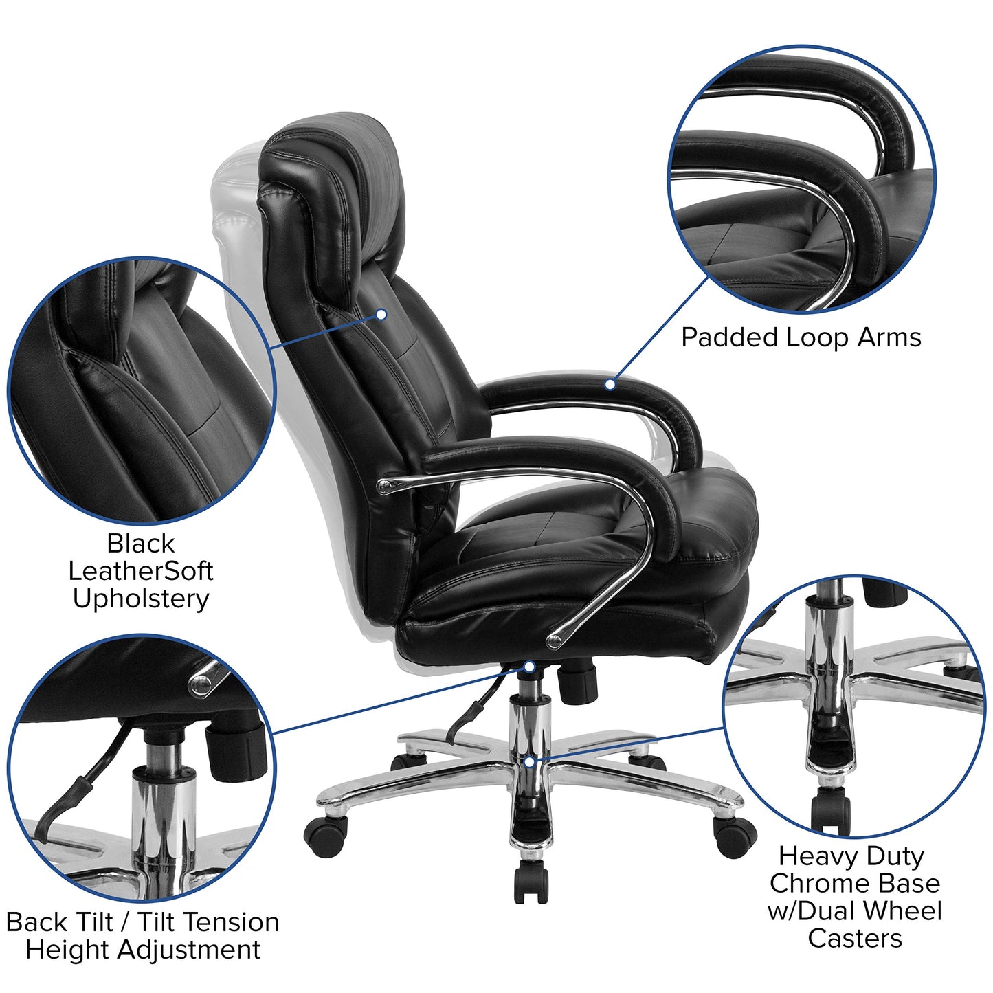 Flash Furniture Hercules Series LeatherSoft Swivel Office Chair with Loop Arms, Ergonomic High-Back Executive Chair with Padded Seat and Arms, Black
